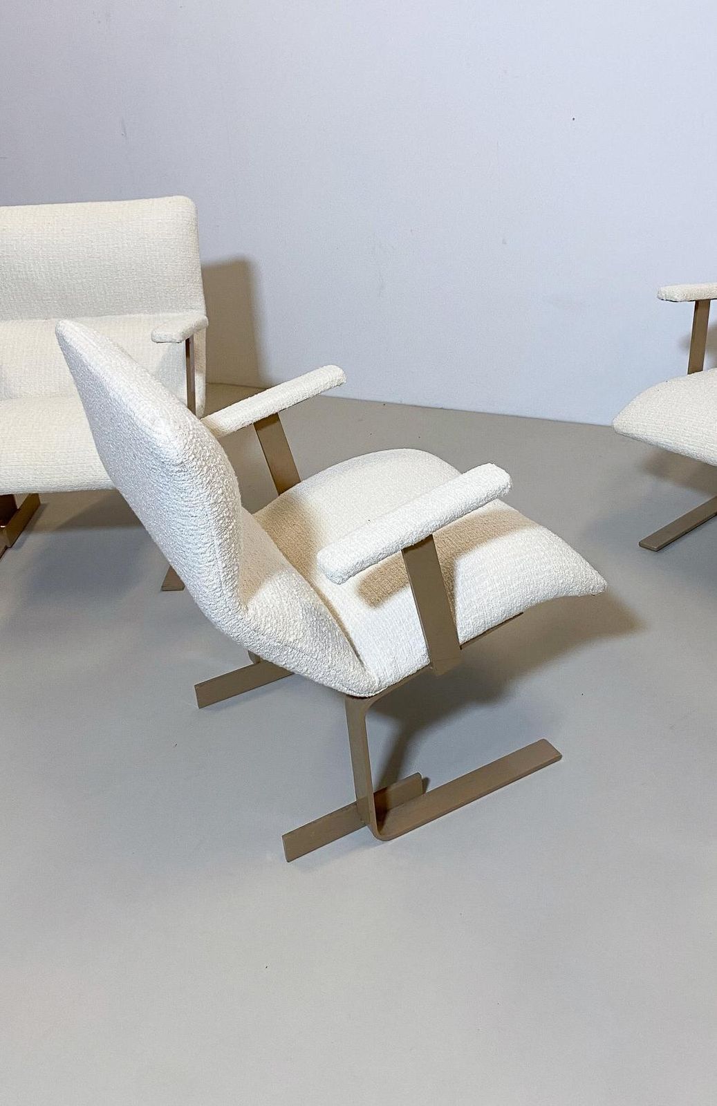 Mid Century Modern Pair Of Italian Armchairs, White Bouclette Fabric, 1970s photo buy