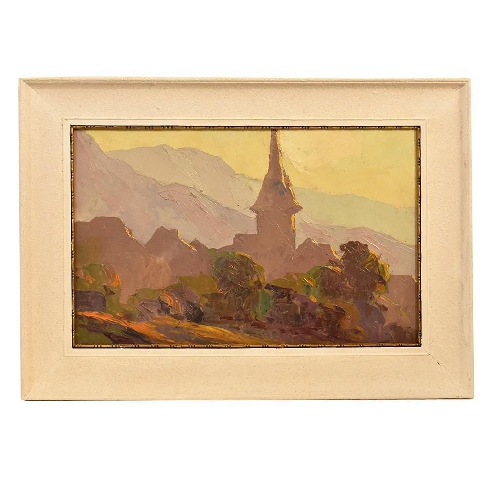 Landscape Oil Painting With Church, Art Deco, Early 20th Century. (Qp 384)