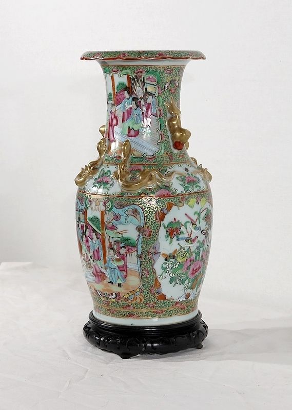 Canton Porcelain Vase On Wooden Base, China, 19th Century photo furniture