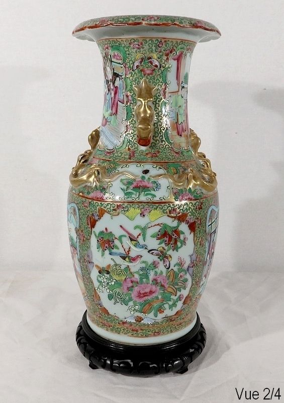 Canton Porcelain Vase On Wooden Base, China, 19th Century photo 916.7