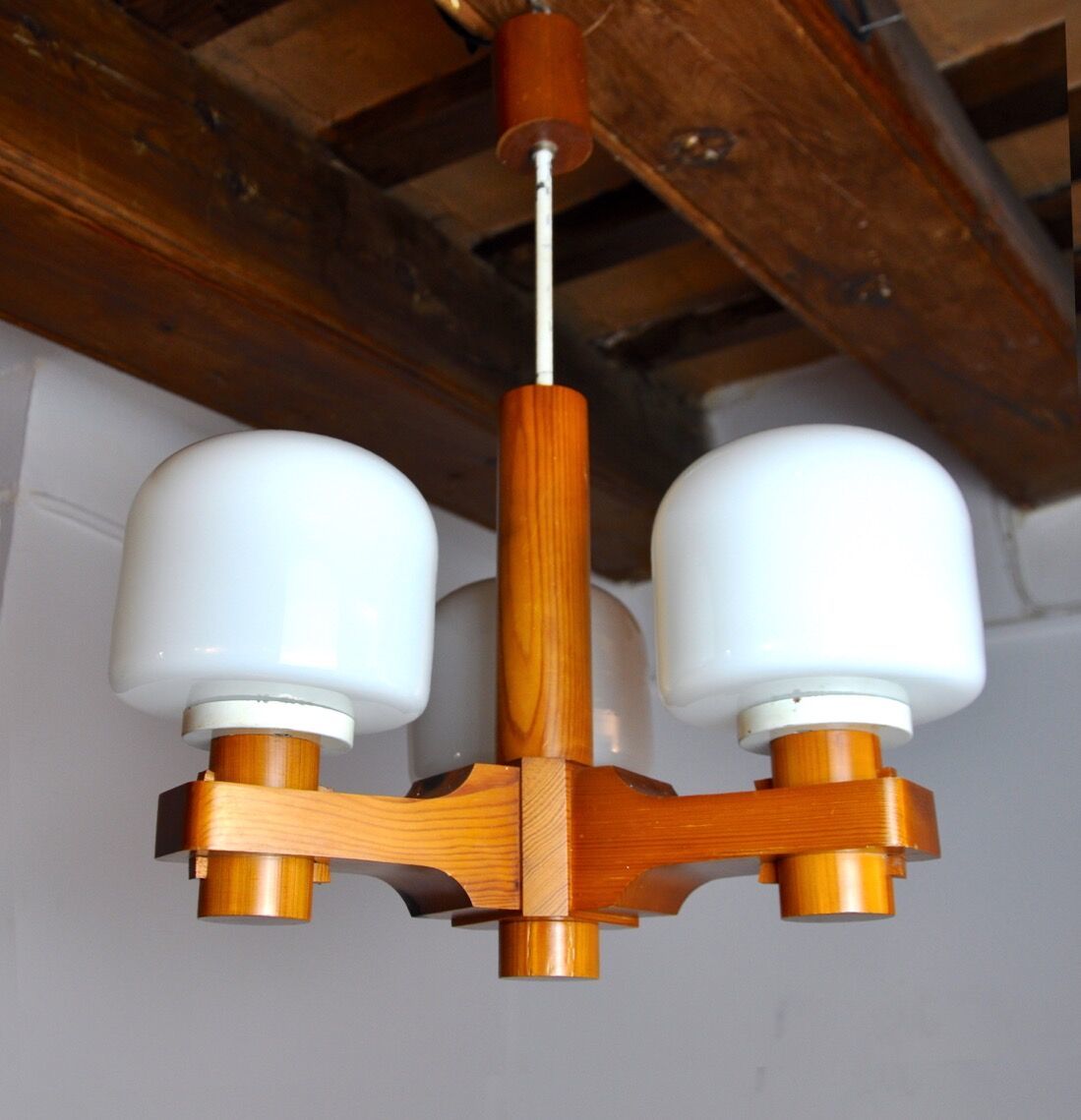 Nordic Chandelier In Wood And Opaline Denmark 1970
