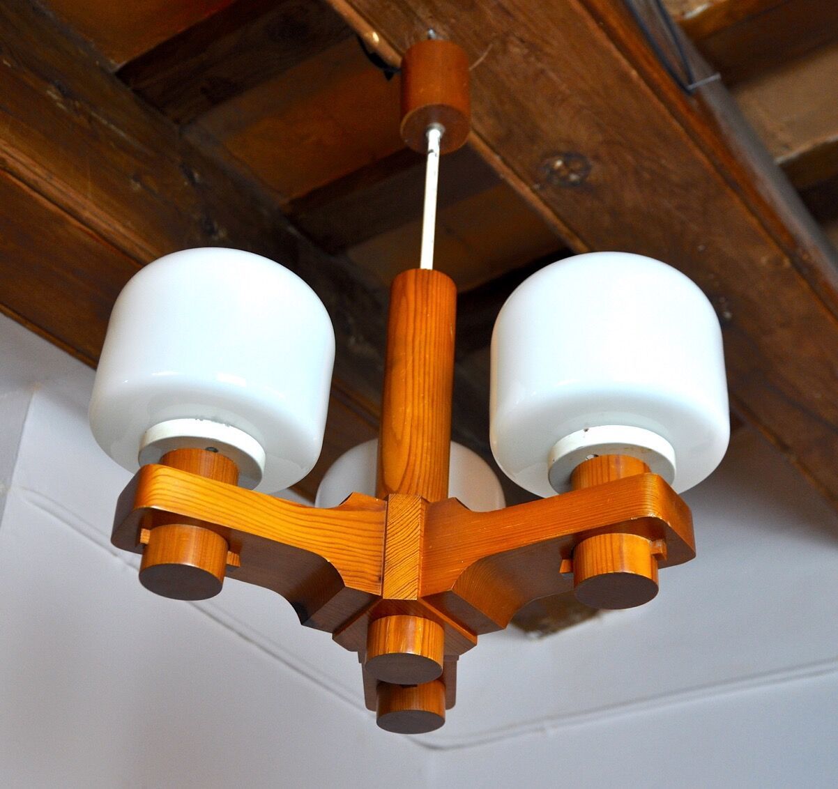 Nordic Chandelier In Wood And Opaline Denmark 1970 photo for sale