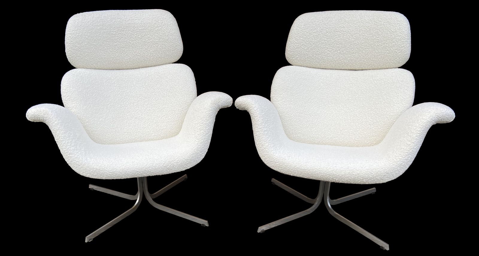 Pair Of Early Model F545, Large Tulip Chairs By Pierre Paulin For Artifort Reupholstered In Off White Boucle Fabric photo for sale