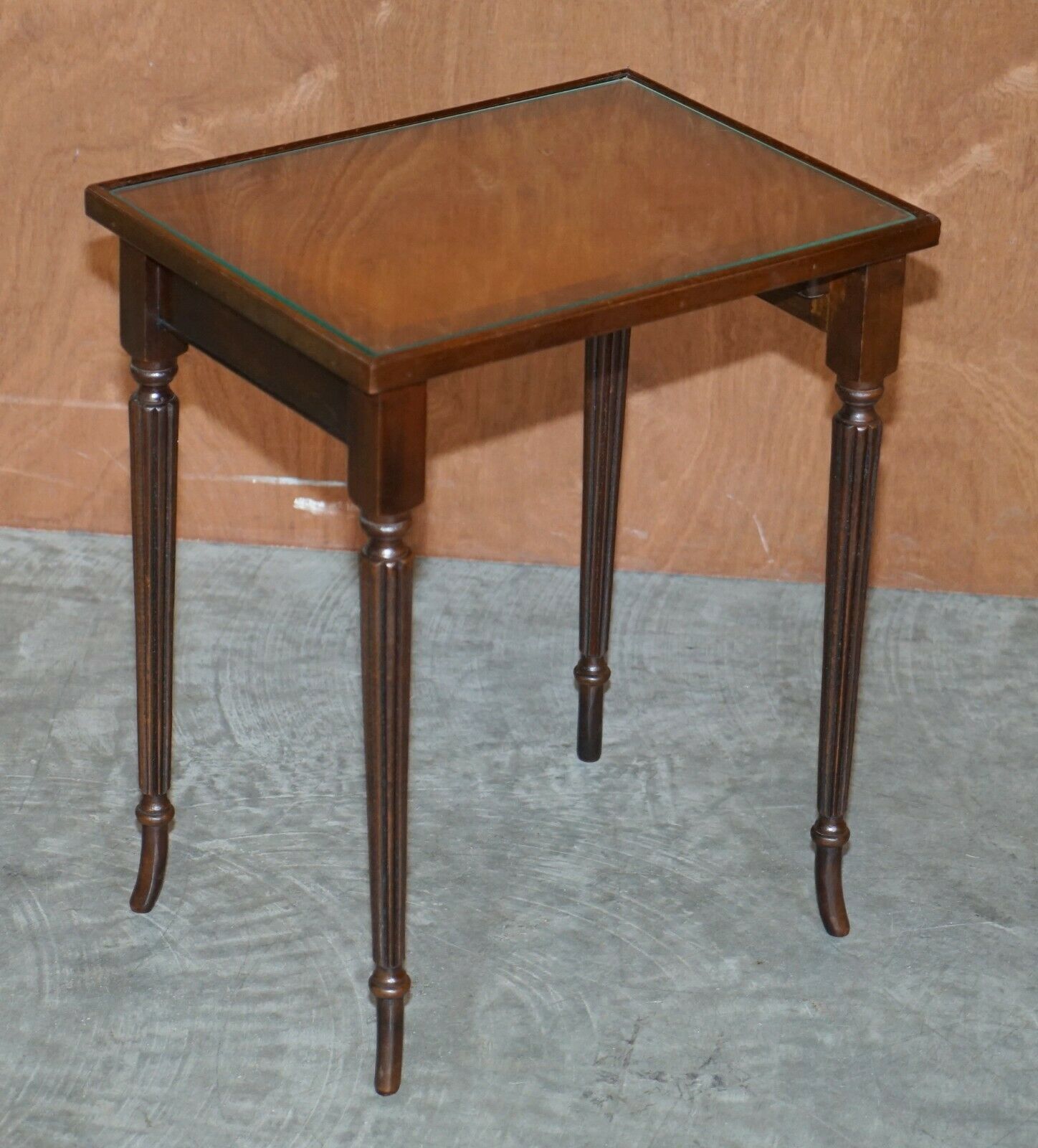 Vintage Nest Of Three Flamed Mahogany With Glass Tops Tables Ideal As Side End photo vinterior