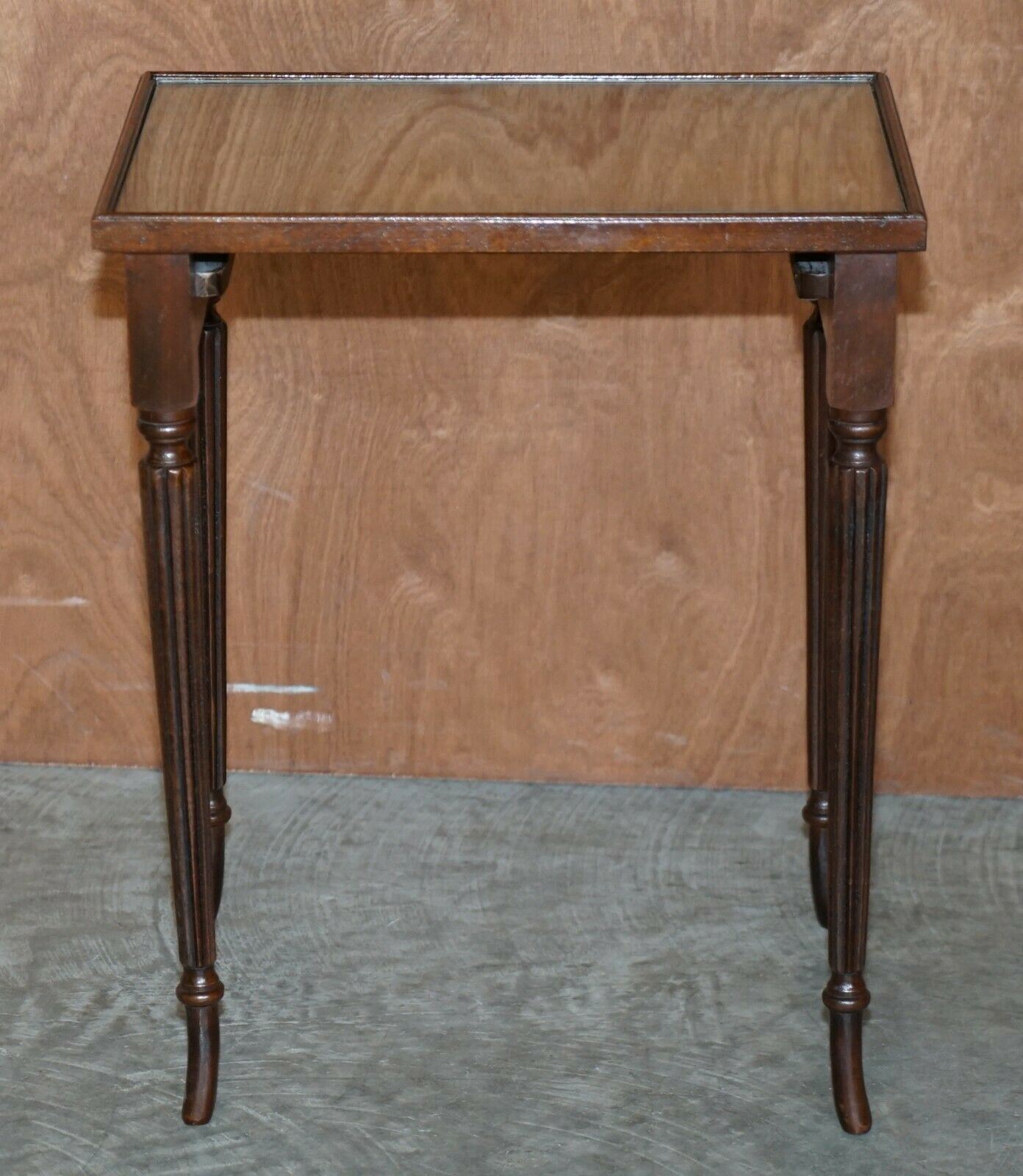 Vintage Nest Of Three Flamed Mahogany With Glass Tops Tables Ideal As Side End photo vintage
