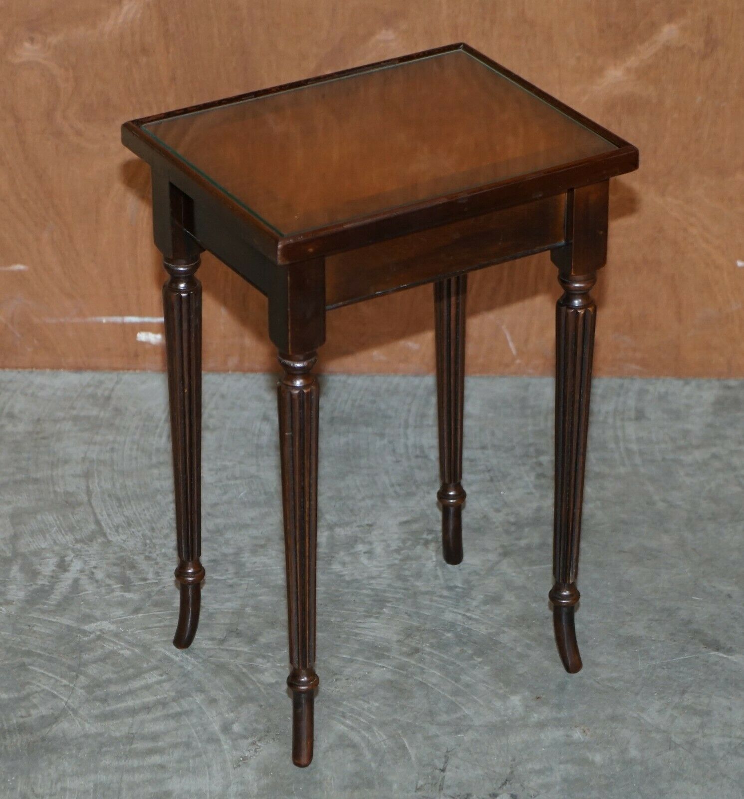 Furniture Vintage Nest Of Three Flamed Mahogany With Glass Tops Tables Ideal As Side End photo