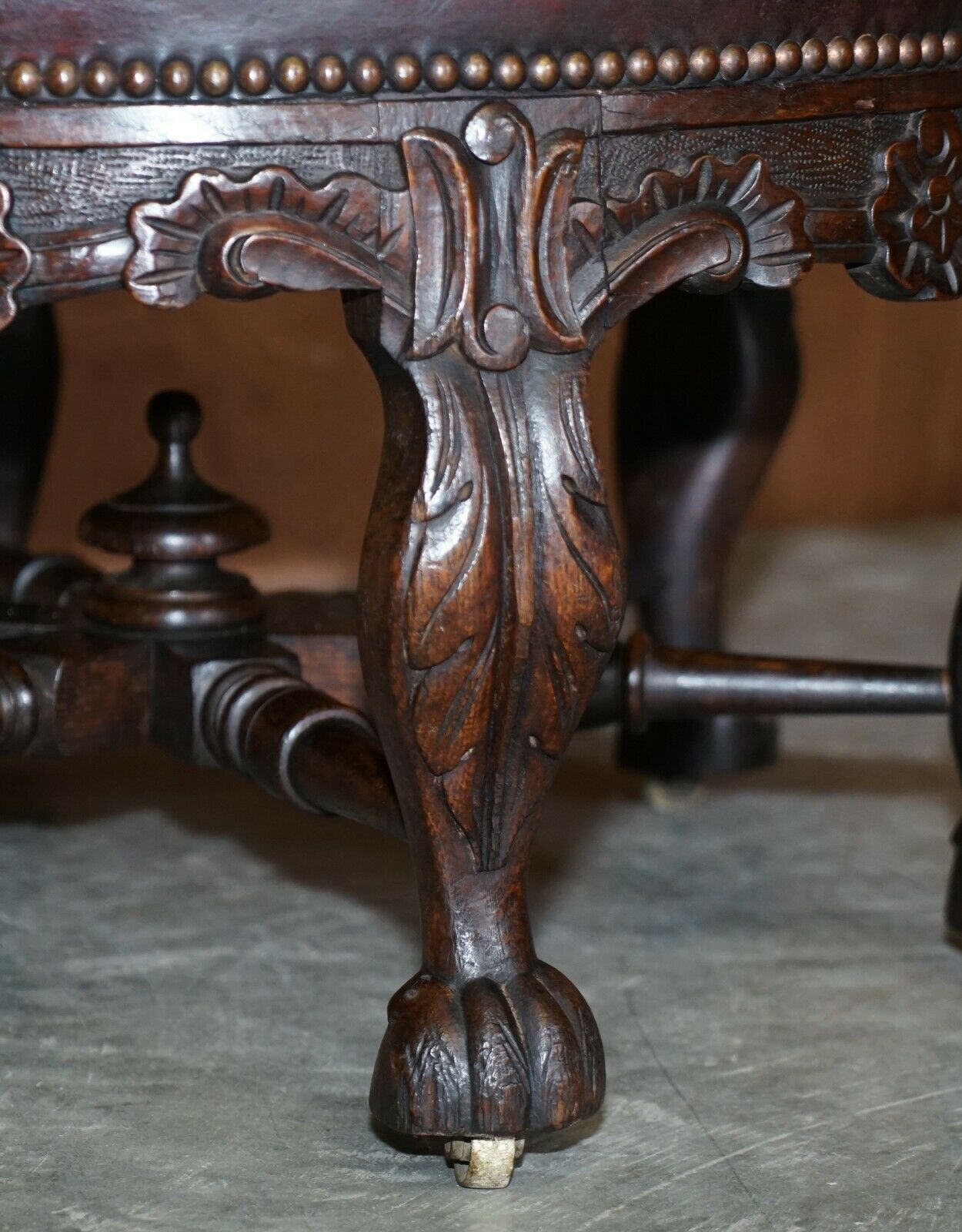 Antique Carved Victorian Oxblood Leather Burgermeister Chair 17th Century Design photo vintage