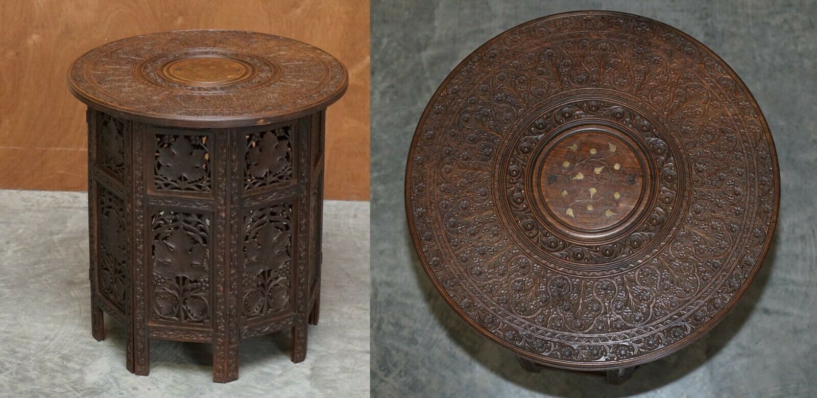 Hand Carved Burmese Folding Rosewood Antique Octagonal Side End Lamp Wine Table