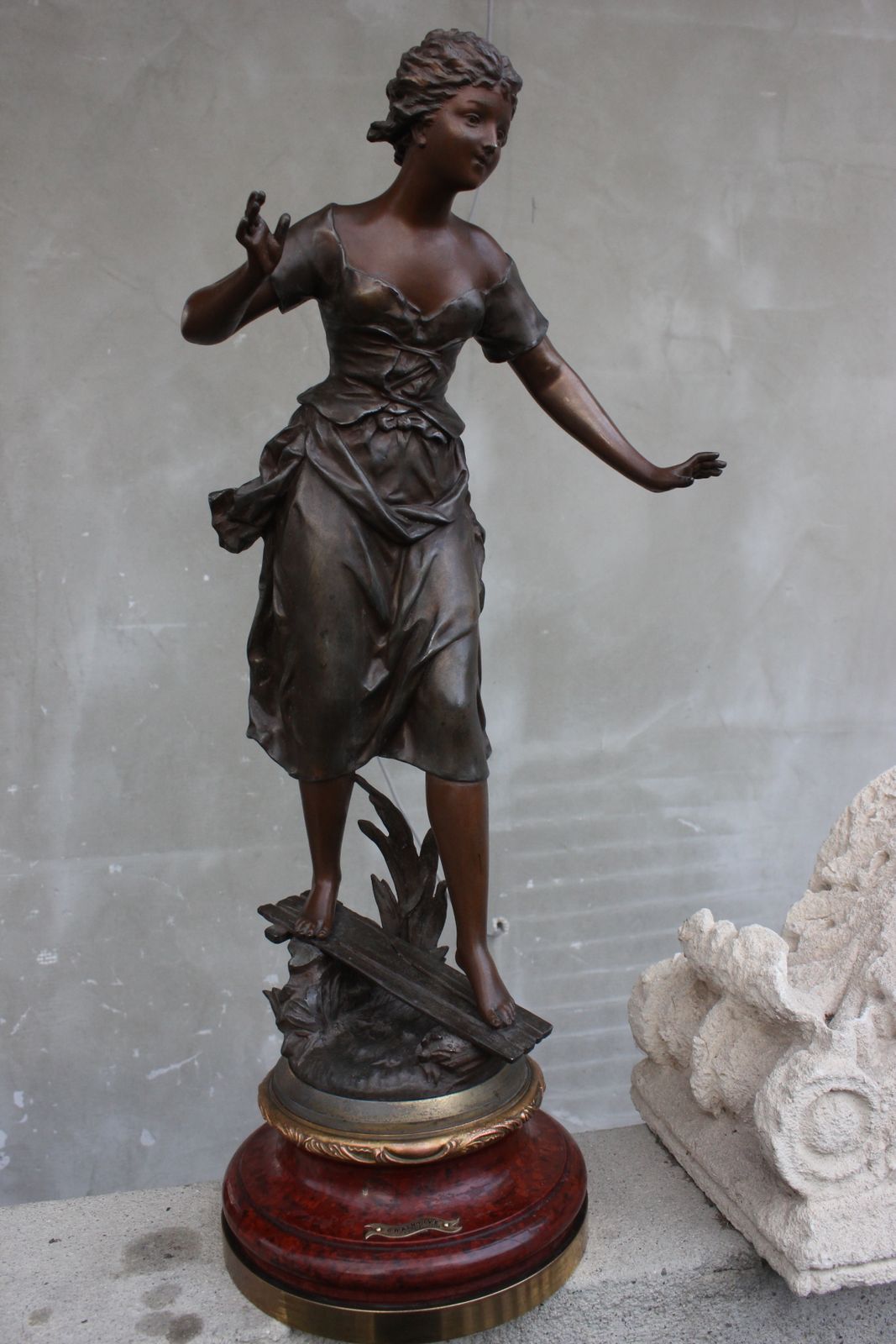 French Original Rancoulet Signed Statue Spelter Beautiful Girl On Wood Base photo vintage
