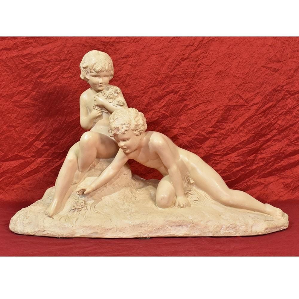 Art Deco Sculpture, Terracotta, Two Children Playing, Ugo Cipriani, 20th Century. (Stte70) photo furniture