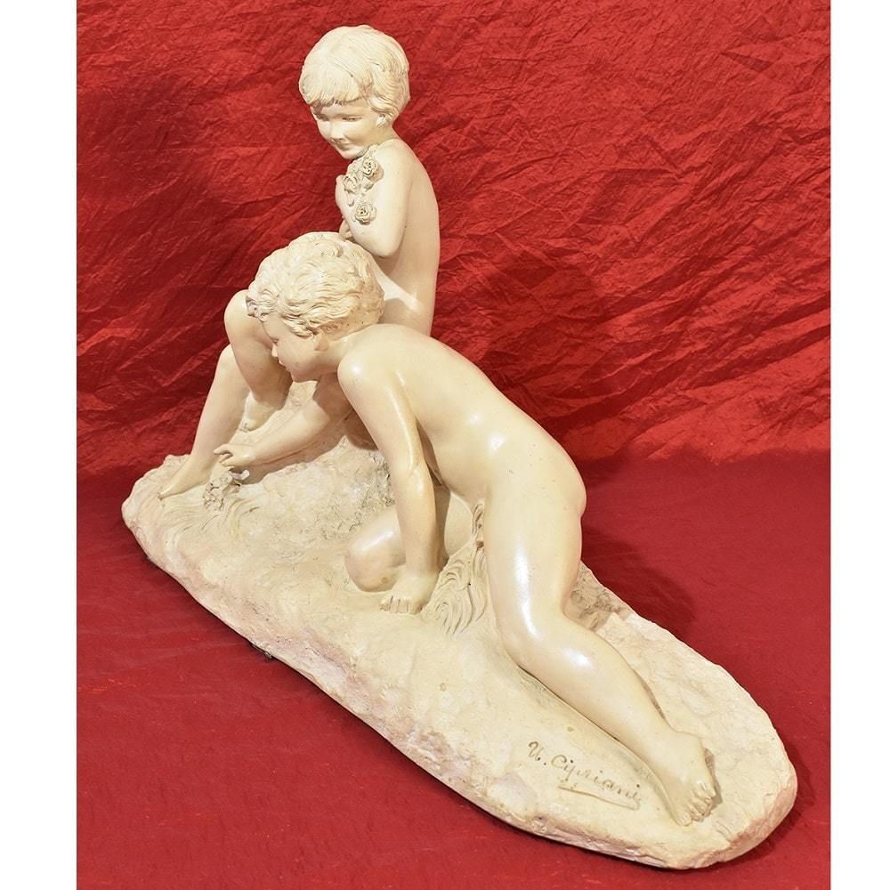 Art Deco Sculpture, Terracotta, Two Children Playing, Ugo Cipriani, 20th Century. (Stte70) photo for sale