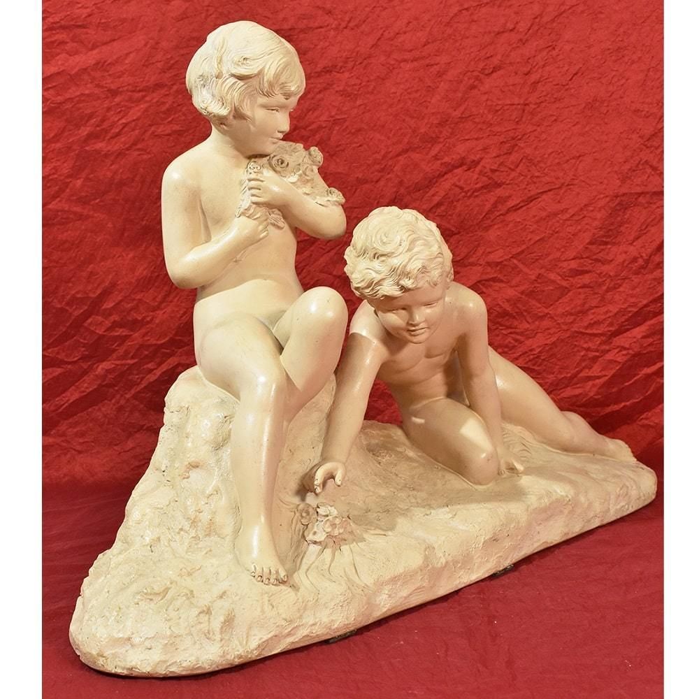 Art Deco Sculpture, Terracotta, Two Children Playing, Ugo Cipriani, 20th Century. (Stte70) photo 1300.0