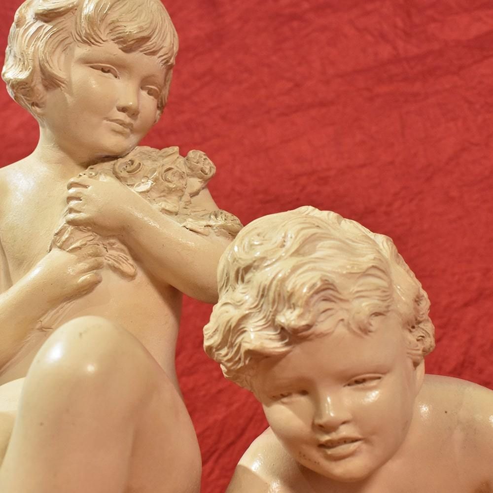 Art Deco Sculpture, Terracotta, Two Children Playing, Ugo Cipriani, 20th Century. (Stte70) photo vinterior