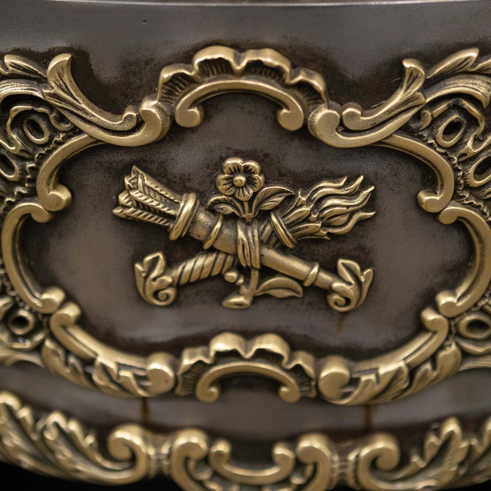 Ornate Antique Polished Cast Iron & Brass Fireplace Insert photo for sale