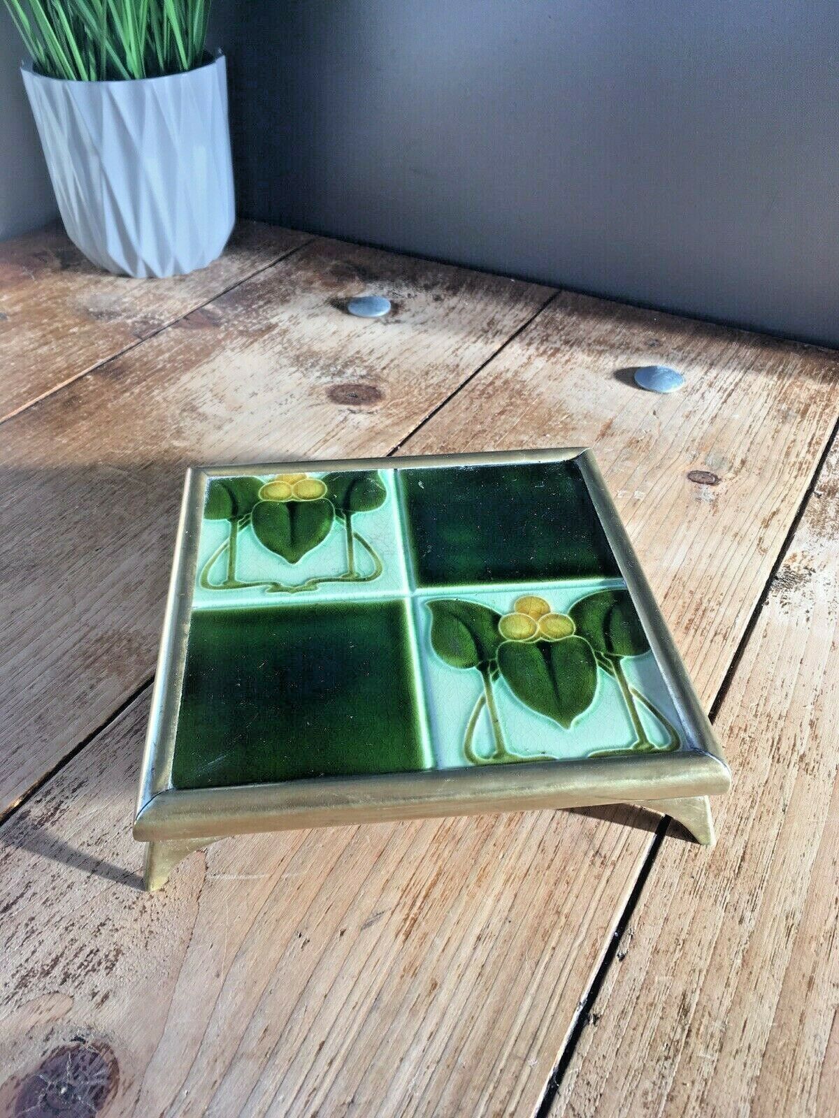 Art Nouveau Quartered Stylised Leaf Brass Tile Trivet Teapot Stand Not Minton photo furniture