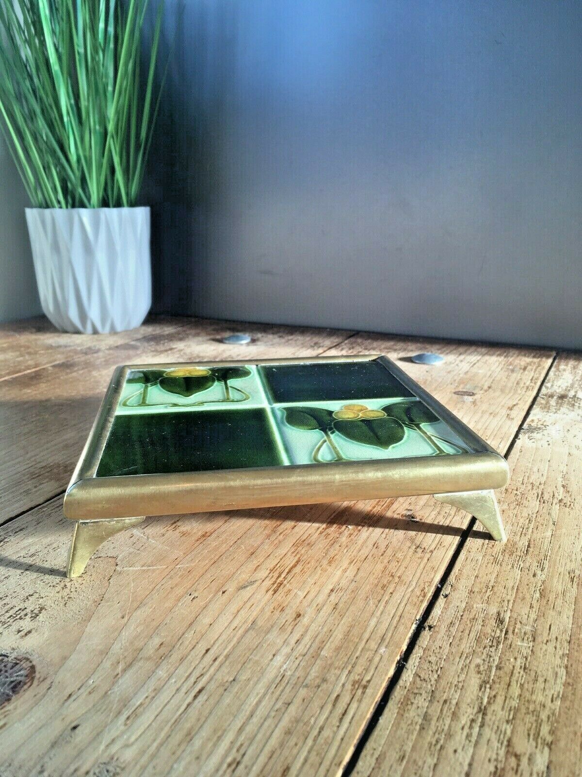 Art Nouveau Quartered Stylised Leaf Brass Tile Trivet Teapot Stand Not Minton photo for sale