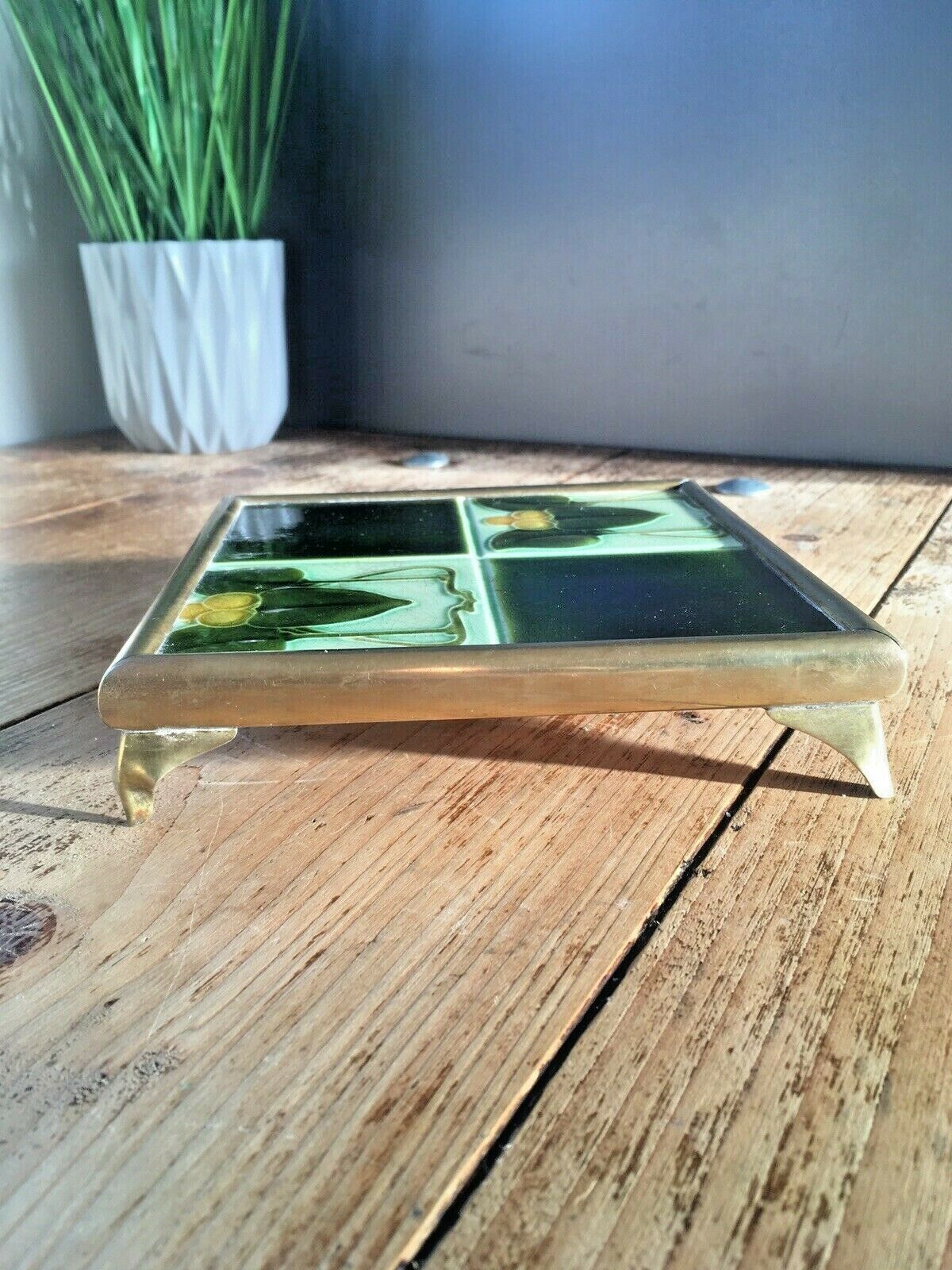 Art Nouveau Quartered Stylised Leaf Brass Tile Trivet Teapot Stand Not Minton photo Art