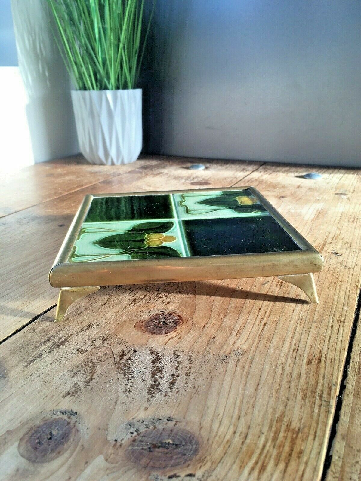 Art Nouveau Quartered Stylised Leaf Brass Tile Trivet Teapot Stand Not Minton photo vinterior
