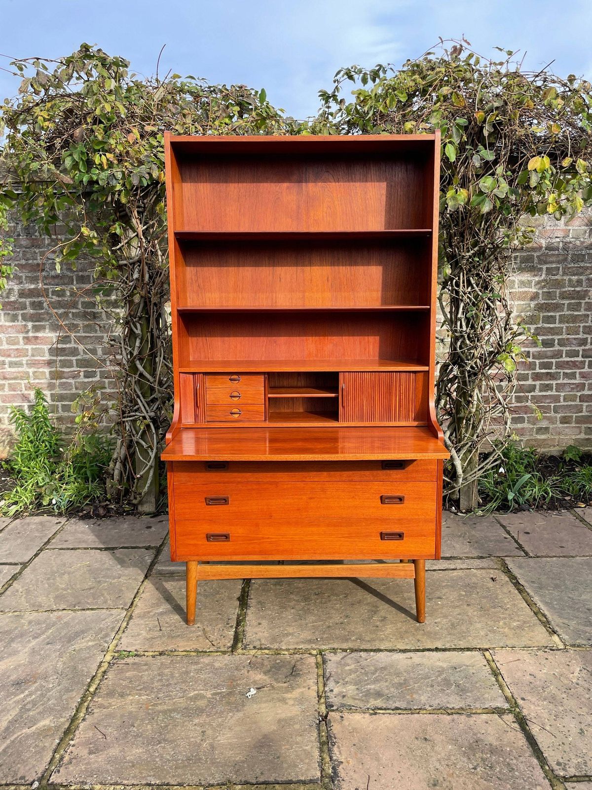Teak Tambour Fronted Danish Secretaire Bureau With Pull Out Desk 1950's photo furniture