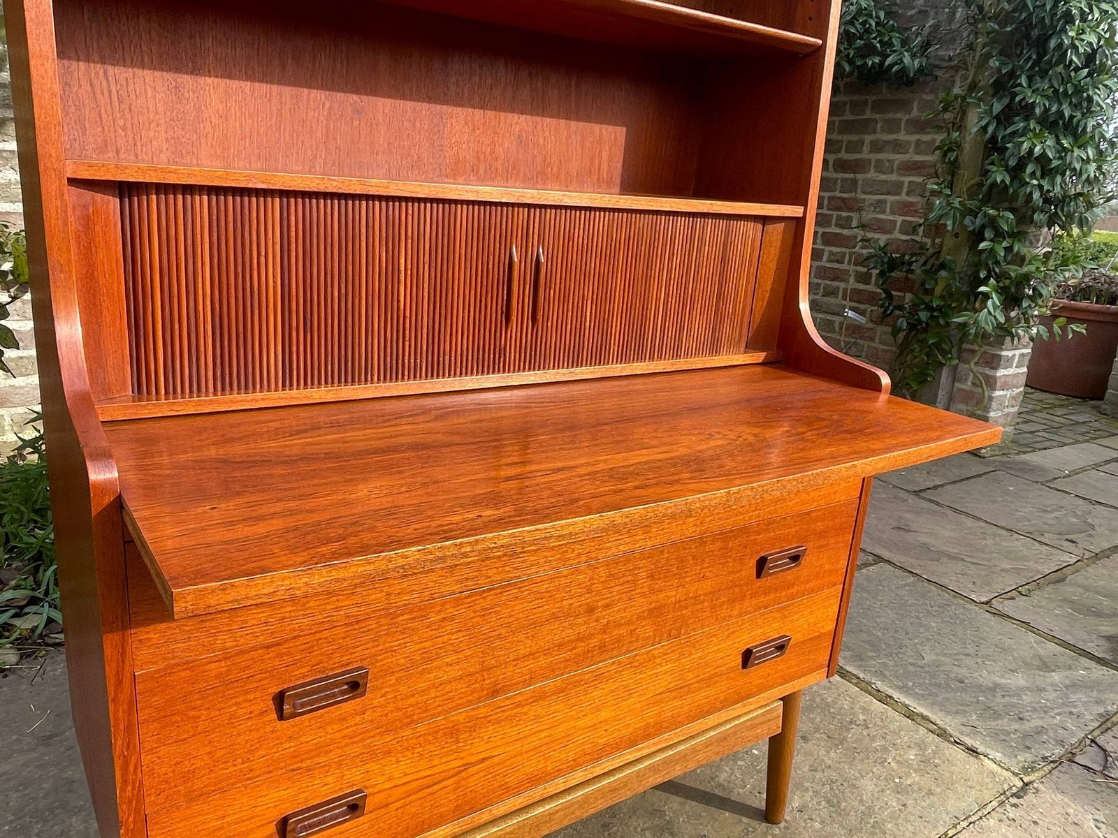 Teak Tambour Fronted Danish Secretaire Bureau With Pull Out Desk 1950's photo Furniture