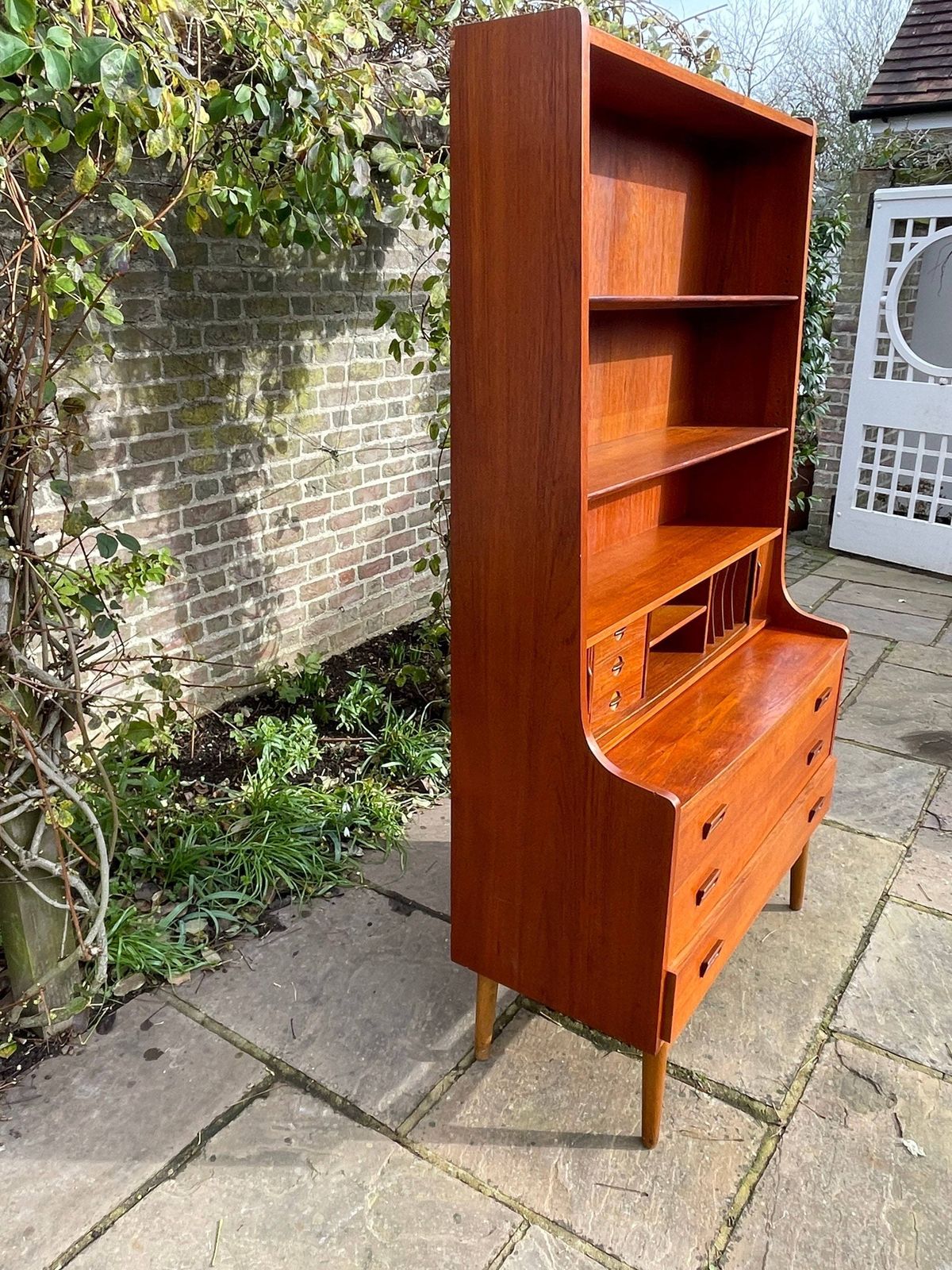 Teak Tambour Fronted Danish Secretaire Bureau With Pull Out Desk 1950's photo buy
