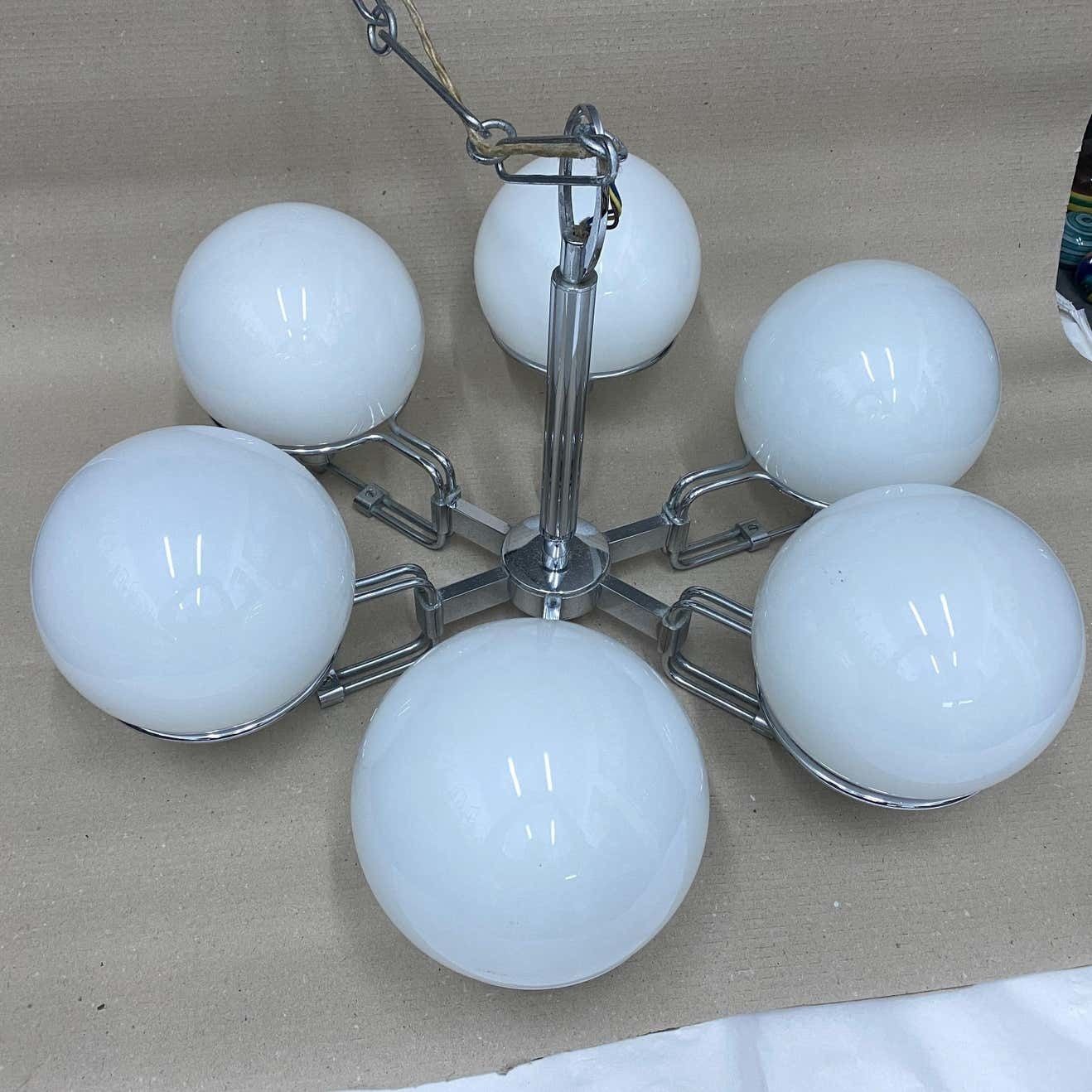 1970s Set Of Two Space Age Opaline Glass And Chromed Metal Italian Pendants photo Lighting
