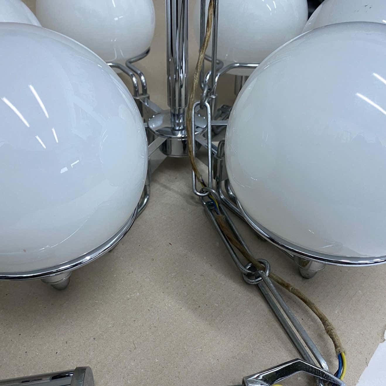 photo for sale 1970s Set Of Two Space Age Opaline Glass And Chromed Metal Italian Pendants
