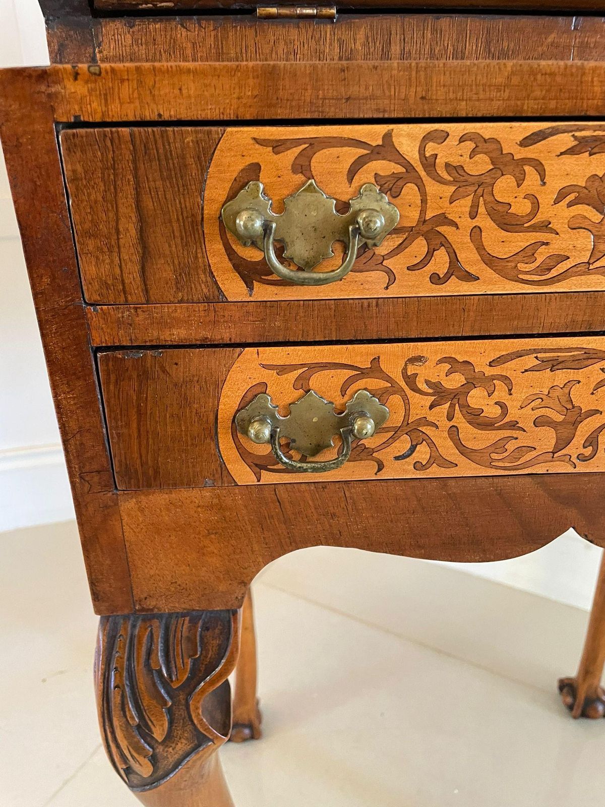 photo furniture Unusual Antique Burr Walnut Marquetry Inlaid Bureau
