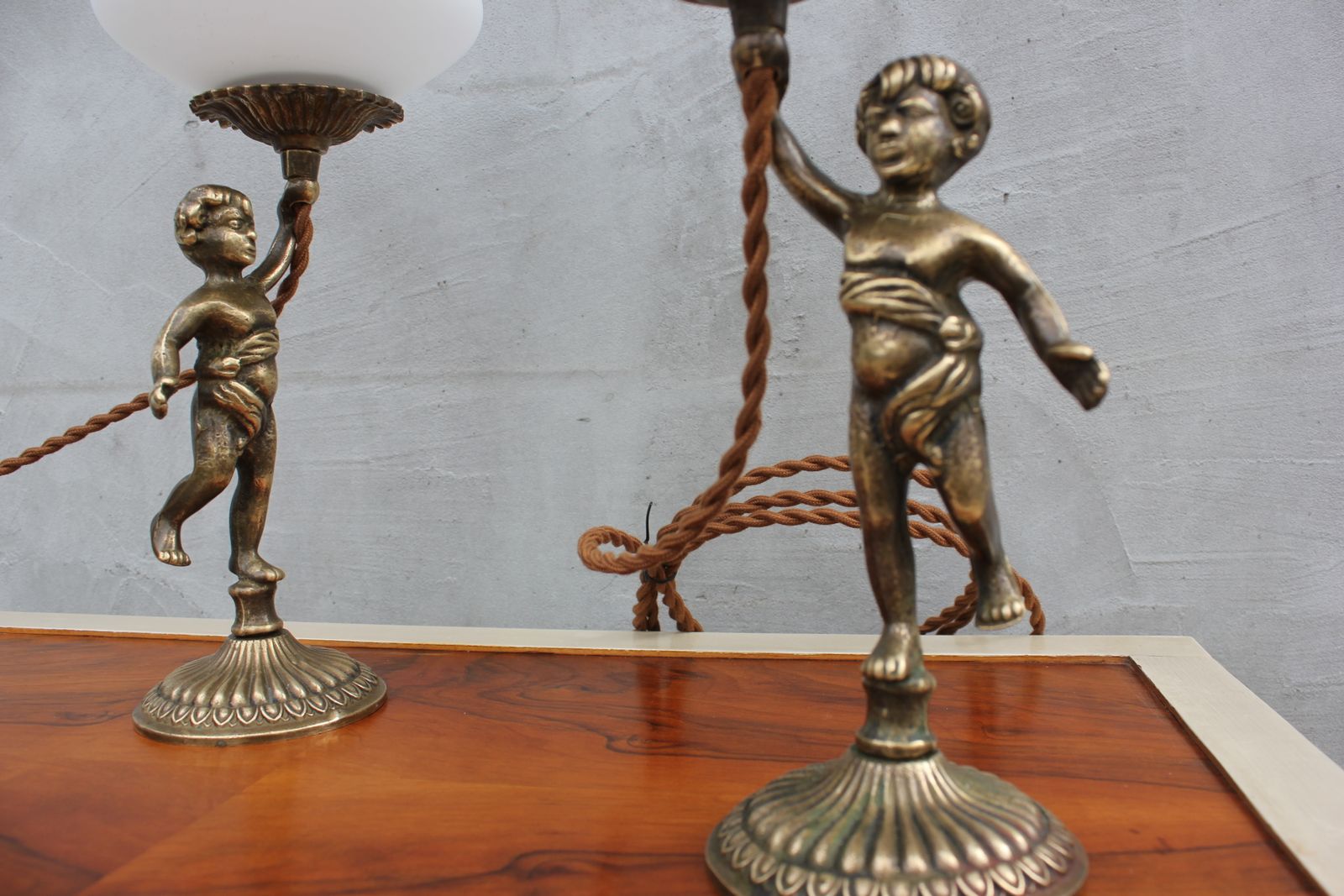Brass Cherub Bedside Lamps Pair Baroque Table Lamps With White Glass Shades photo vintage