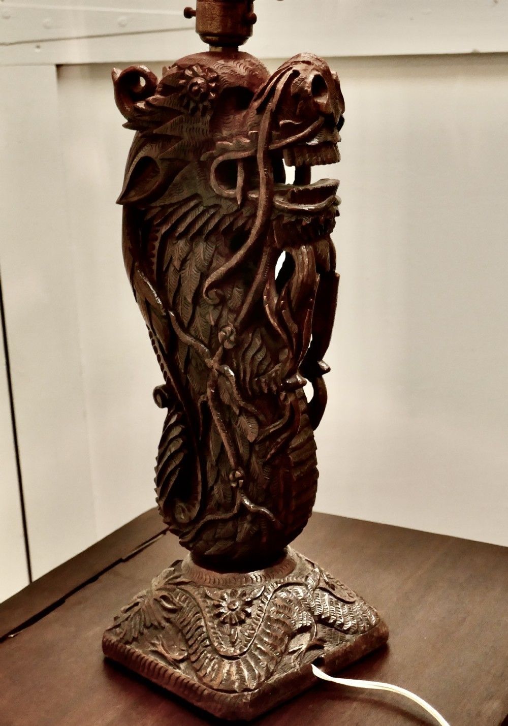 Oriental Folk Art Carved Teak Dragon Lamp photo 540.0
