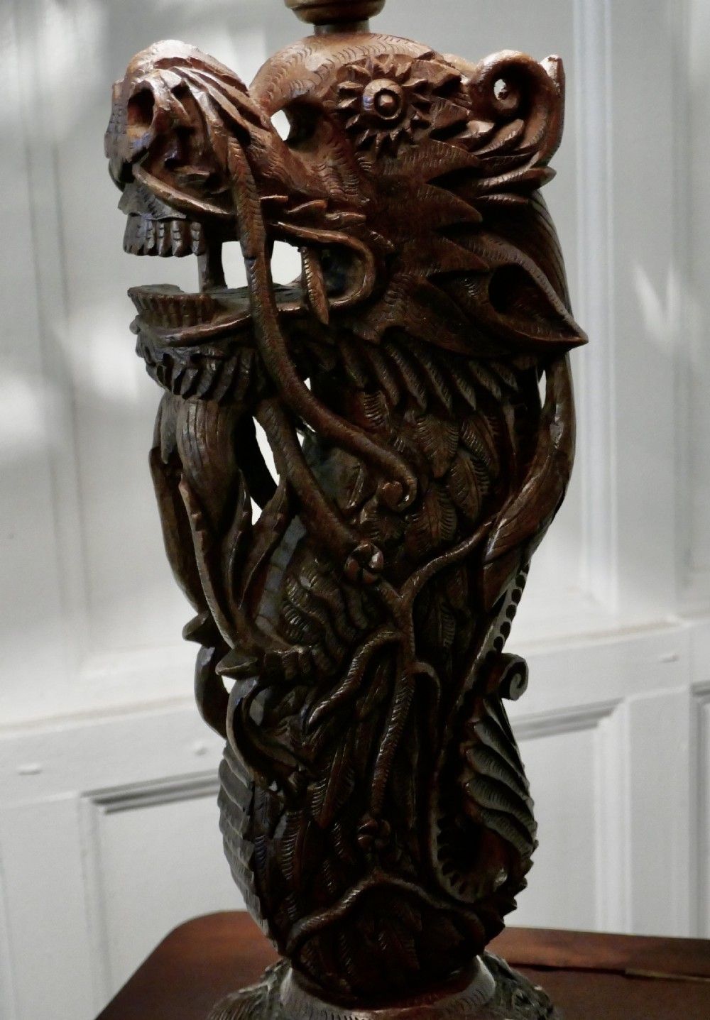 Oriental Folk Art Carved Teak Dragon Lamp photo buy