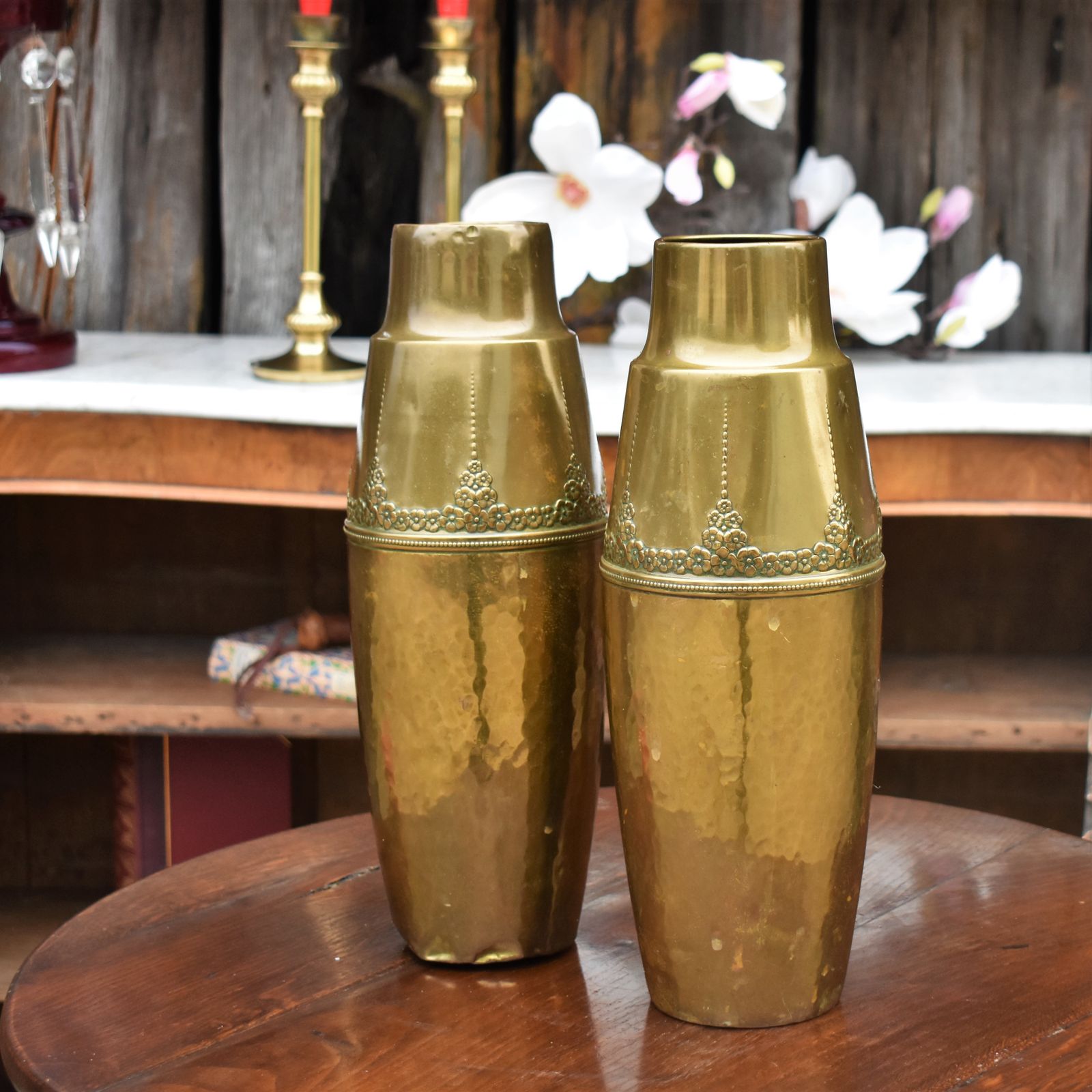 Antique Rare Wmf Brass Repoussé Embossed Jugendstil Art Nouveau Vases Large Pair photo furniture