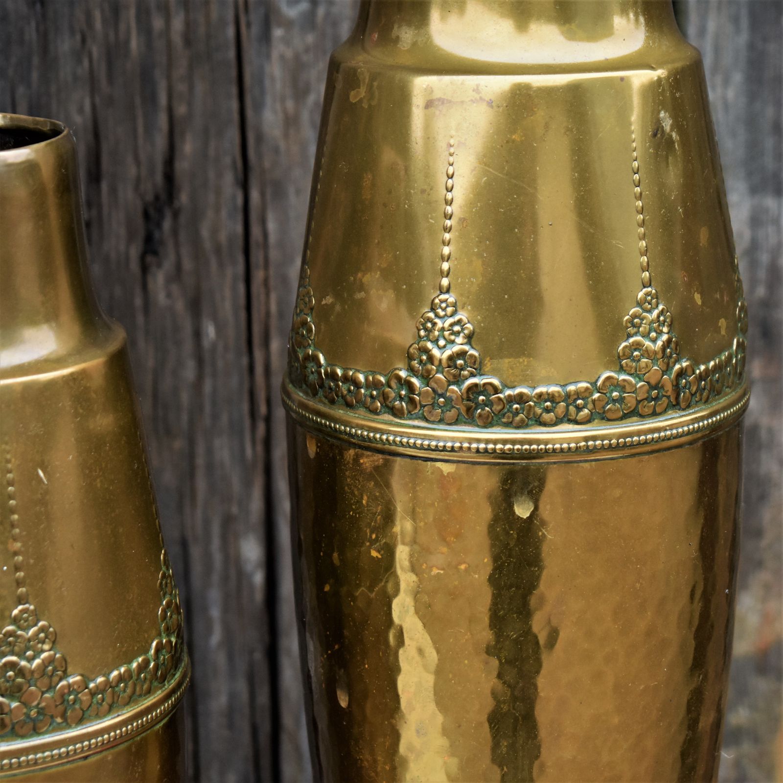 Antique Rare Wmf Brass Repoussé Embossed Jugendstil Art Nouveau Vases Large Pair photo buy