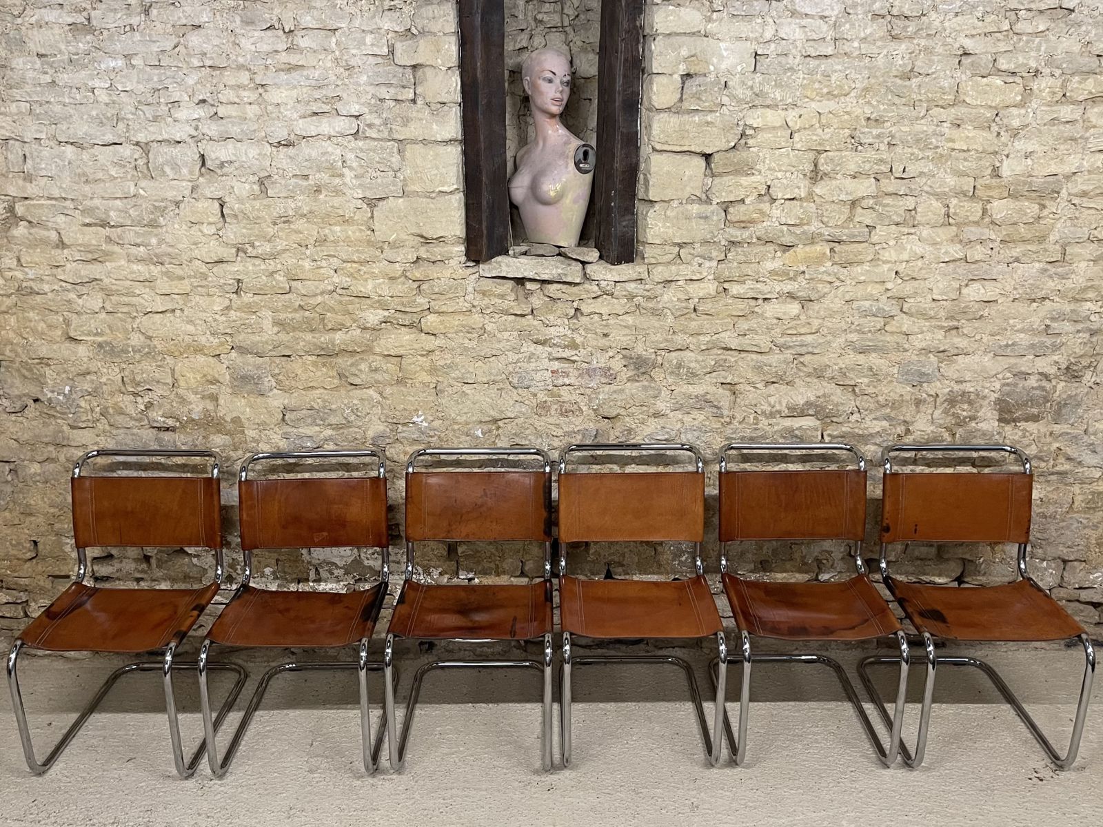 Mart Stam Marcel Breuer S33 Set Of Six Fasem Chrome Tan Brown Leather Cantilever Bauhaus 6 Dining Chairs photo for sale