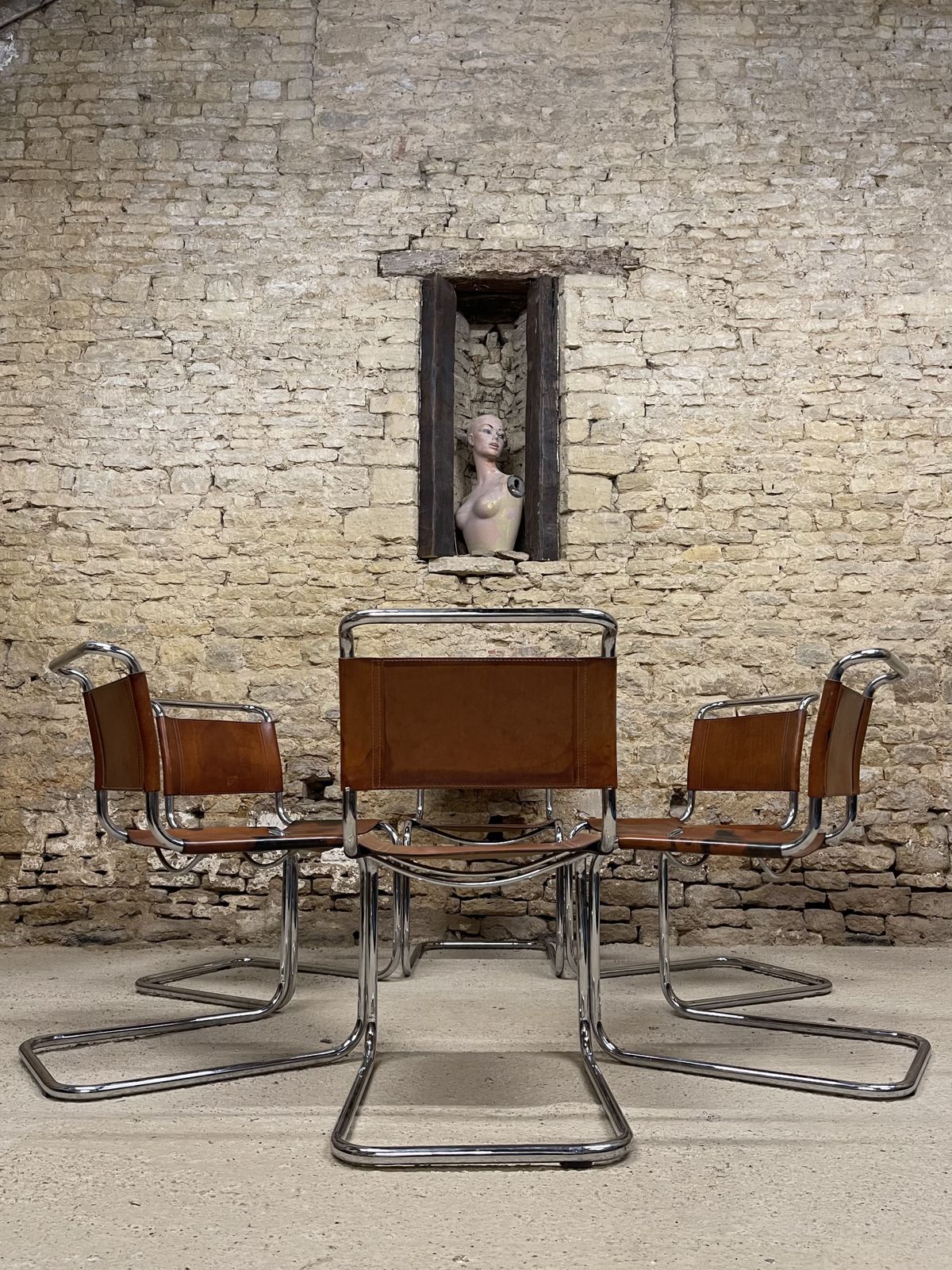 Mart Stam Marcel Breuer S33 Set Of Six Fasem Chrome Tan Brown Leather Cantilever Bauhaus 6 Dining Chairs photo vintage