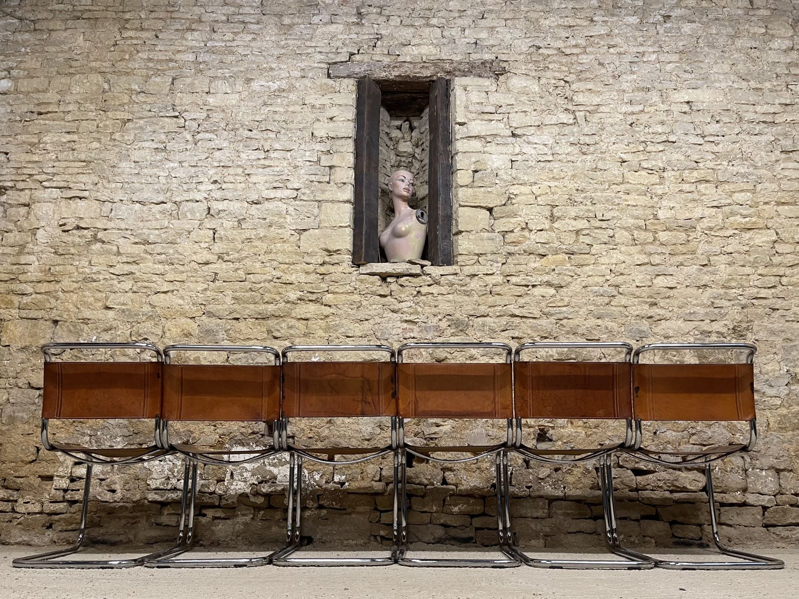 photo for sale Mart Stam Marcel Breuer S33 Set Of Six Fasem Chrome Tan Brown Leather Cantilever Bauhaus 6 Dining Chairs
