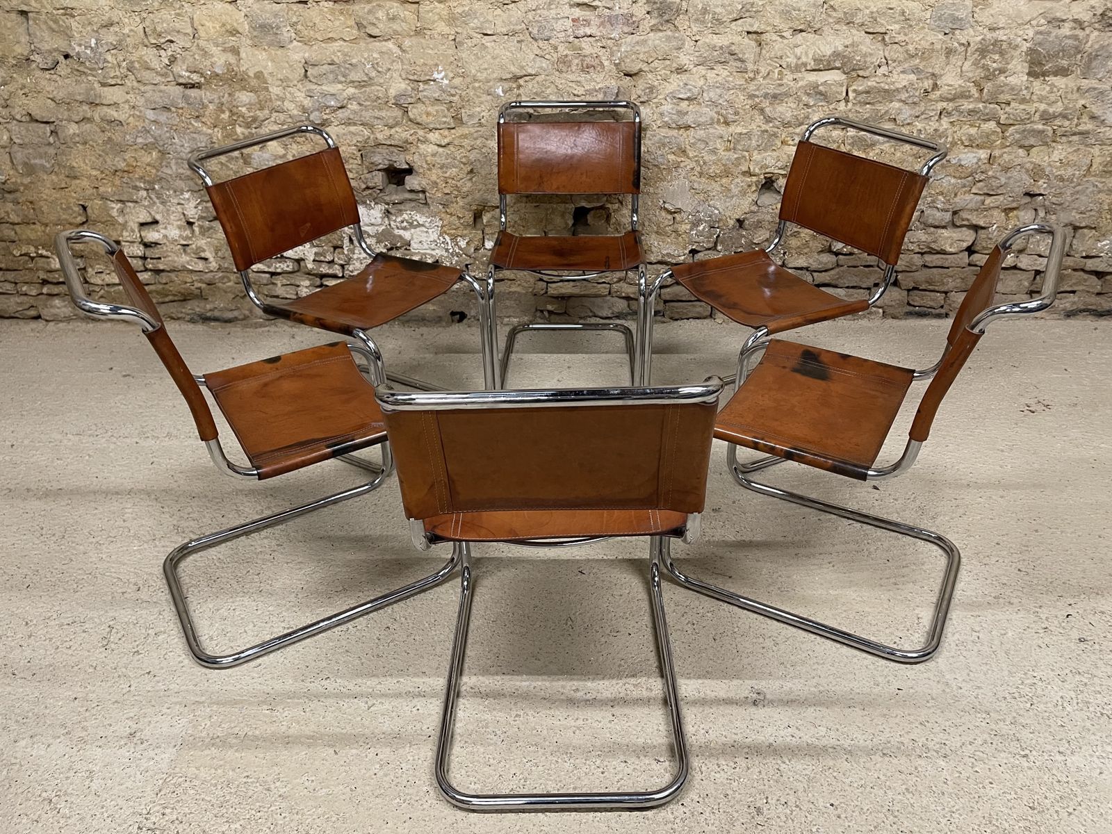 photo vintage Mart Stam Marcel Breuer S33 Set Of Six Fasem Chrome Tan Brown Leather Cantilever Bauhaus 6 Dining Chairs