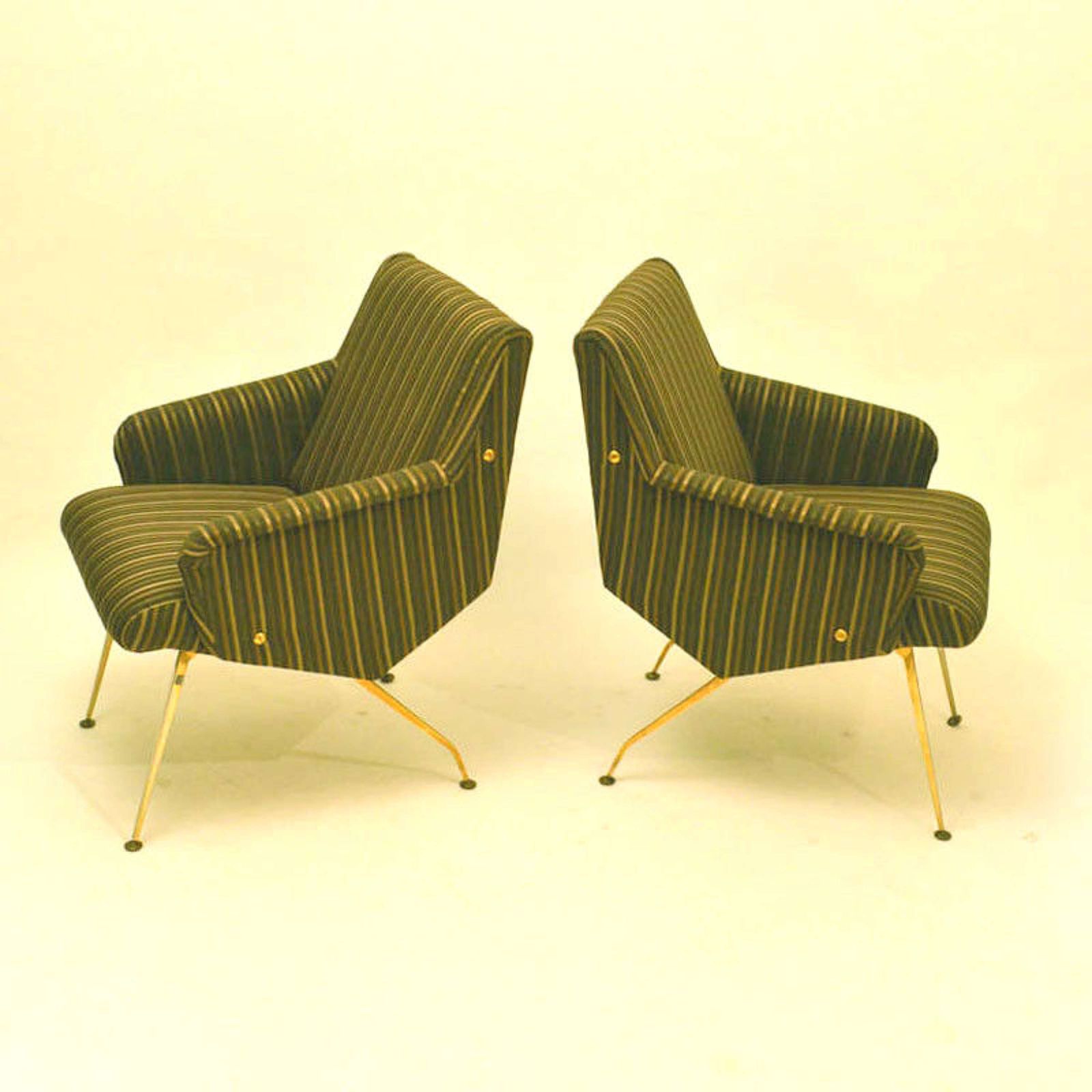 Pair Of Lounge Chairs 1950's In Black And Gold Striped Fabric photo for sale