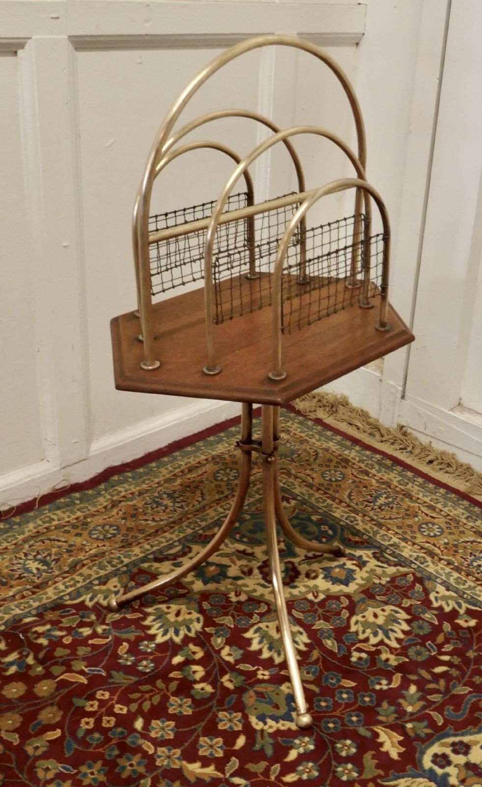 Elegant Victorian Golden Oak And Brass Revolving Magazine Rack photo for sale