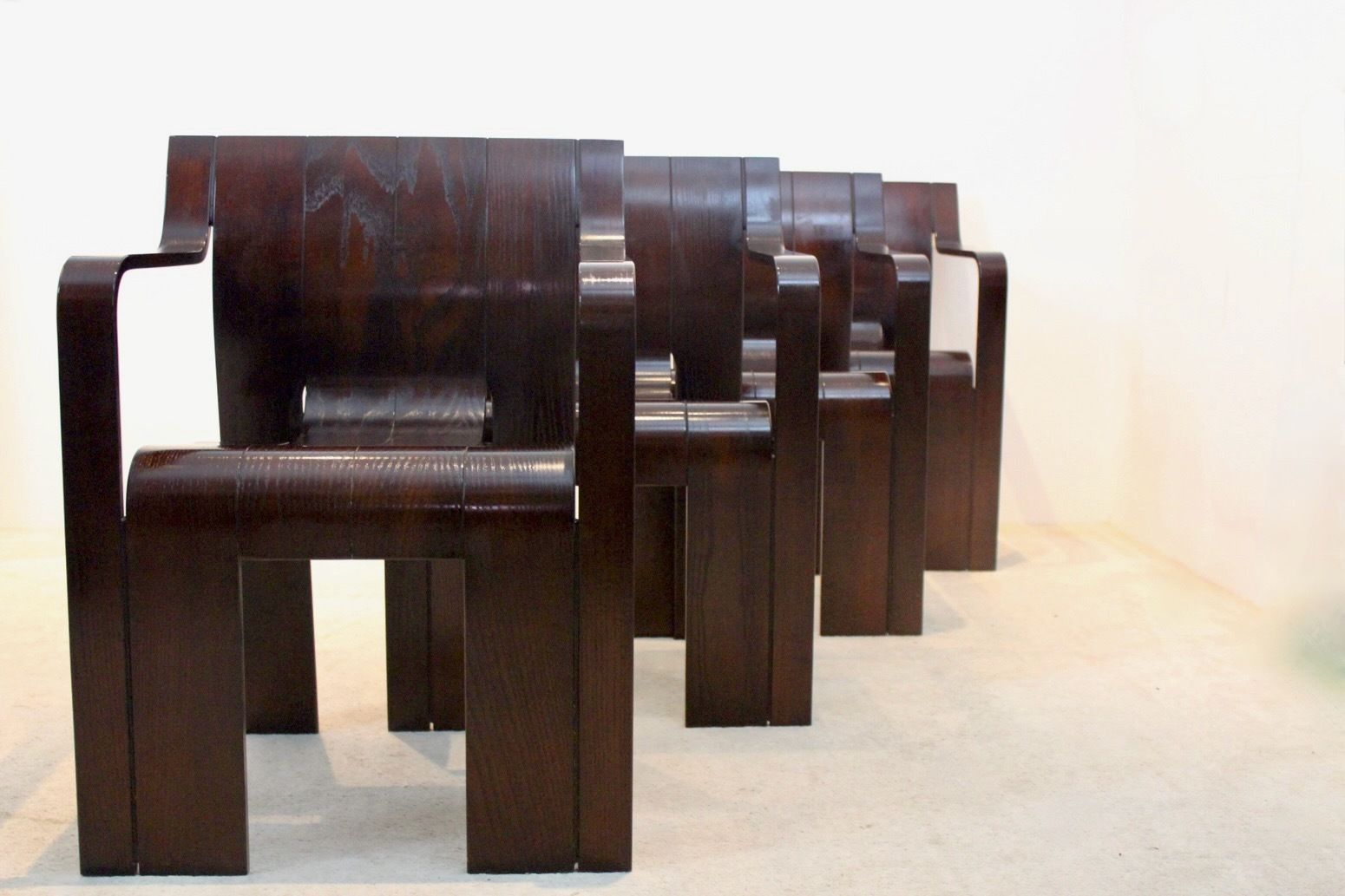 Set Of Four Strip  Dining Chairs With Armrests In Dark Brown Ashwood By Gijs Bakker For Castelijn
