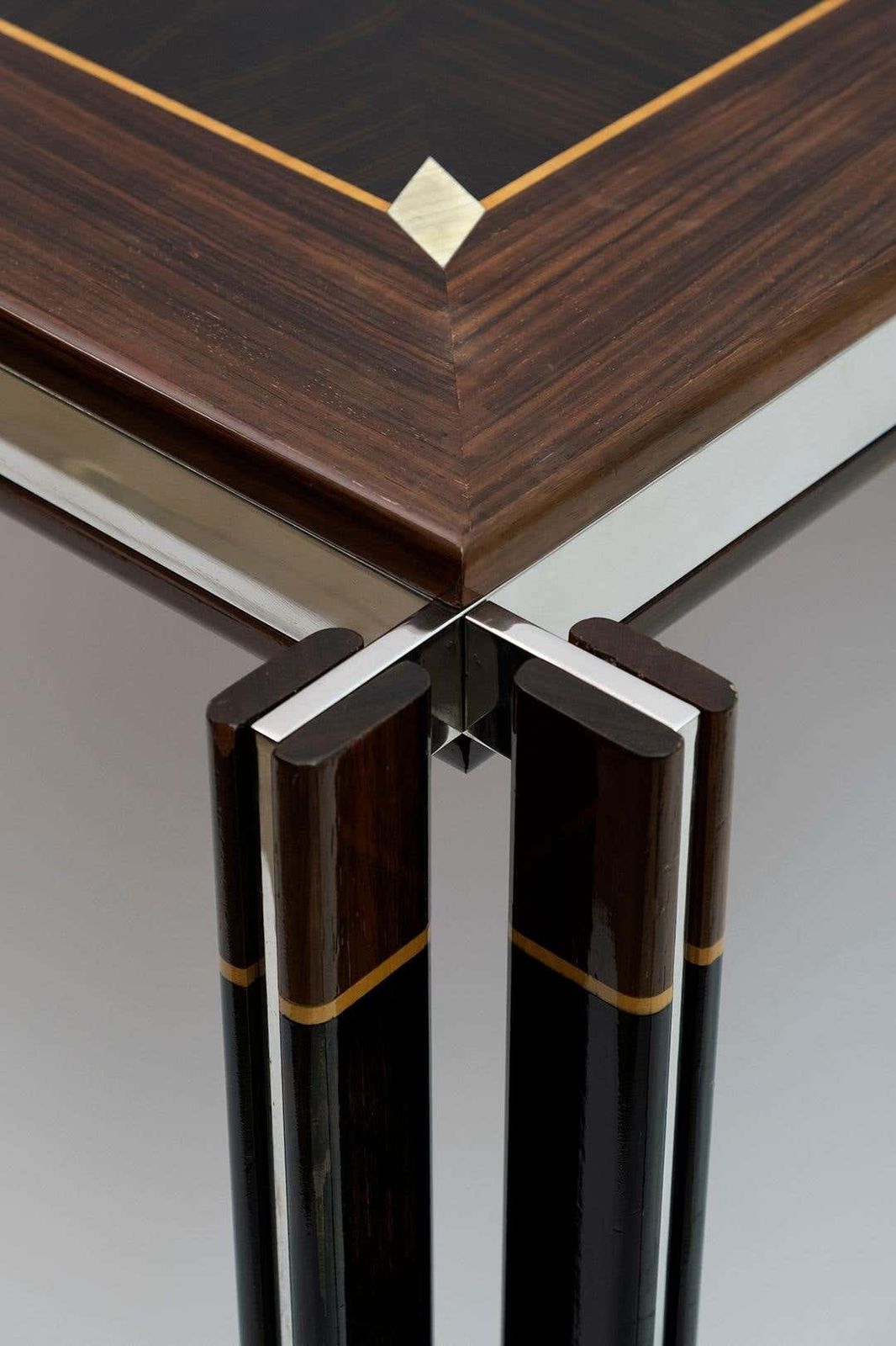 photo vintage Paolo Barracchia Italian Steel And Inlaid Wood Dinning Table By Roman Deco, 1978