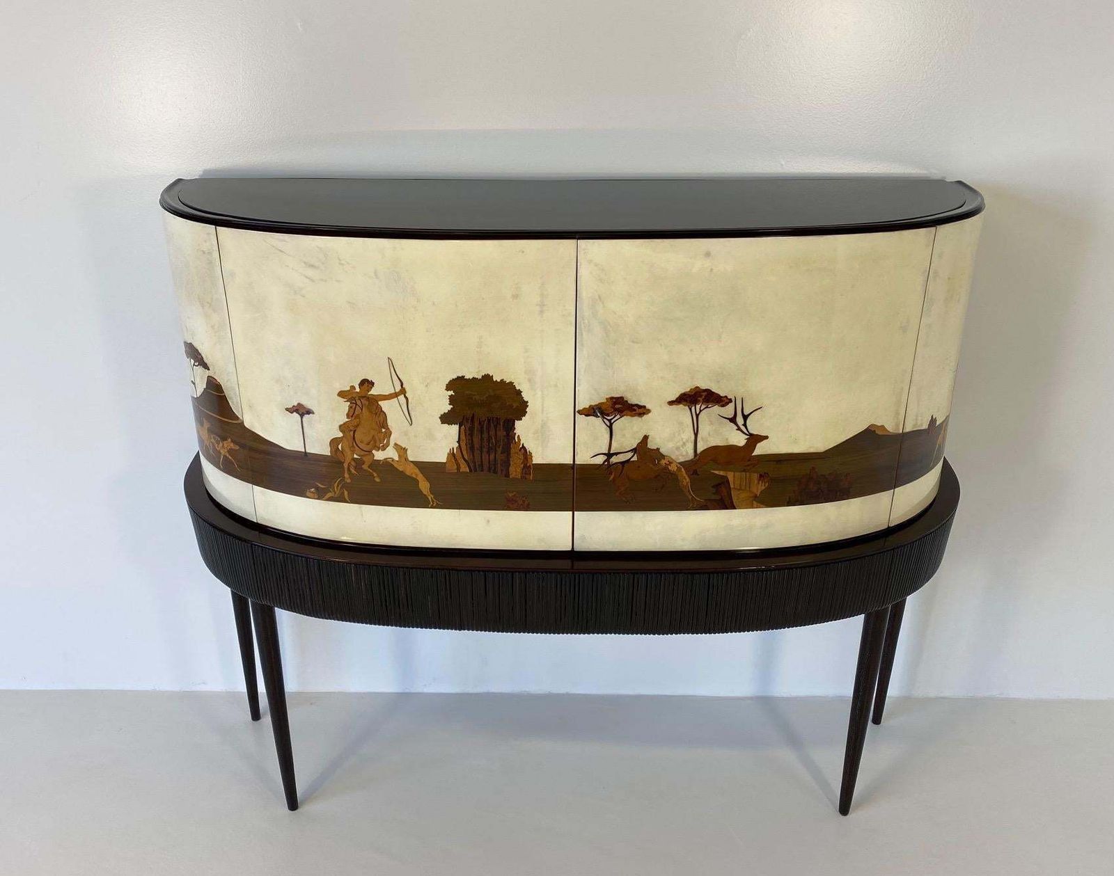 Italian Art Deco Bar Cabinet In Parchment With Inlays Signed By Anzani 1930s