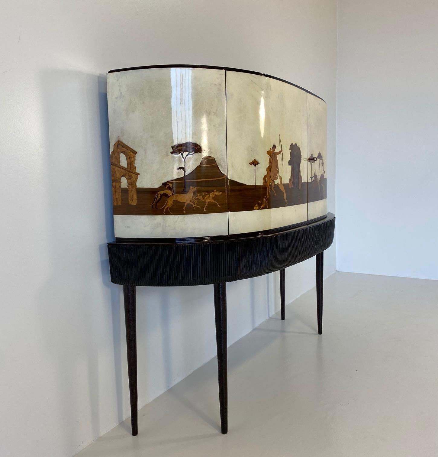Italian Art Deco Bar Cabinet In Parchment With Inlays Signed By Anzani 1930s photo 127871.0