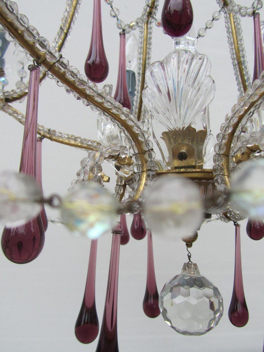 Vintage Italian Crystal Beaded 6 Light Chandelier With Purple & Azure Drops photo 1430.0