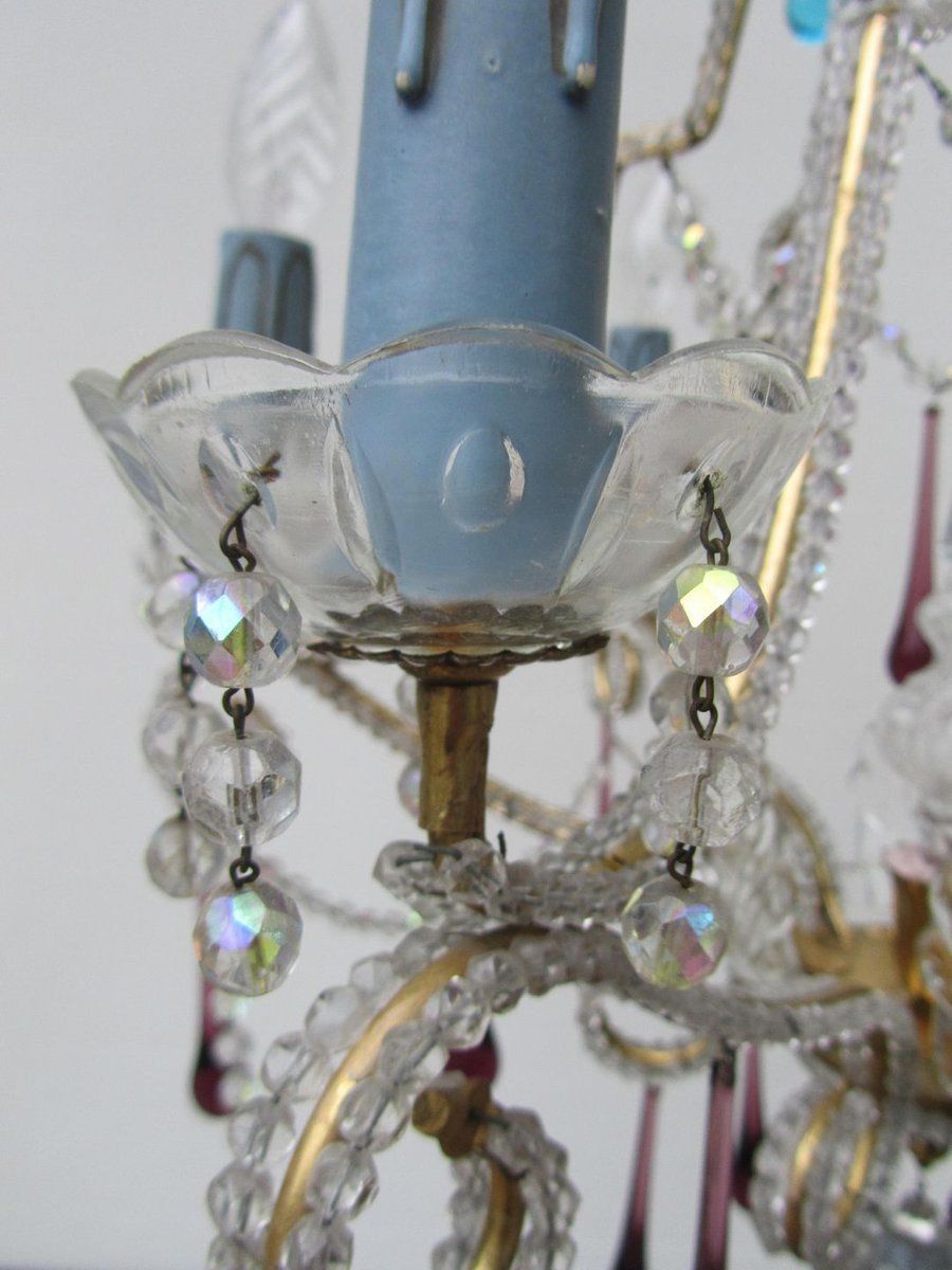 photo furniture Vintage Italian Crystal Beaded 6 Light Chandelier With Purple & Azure Drops