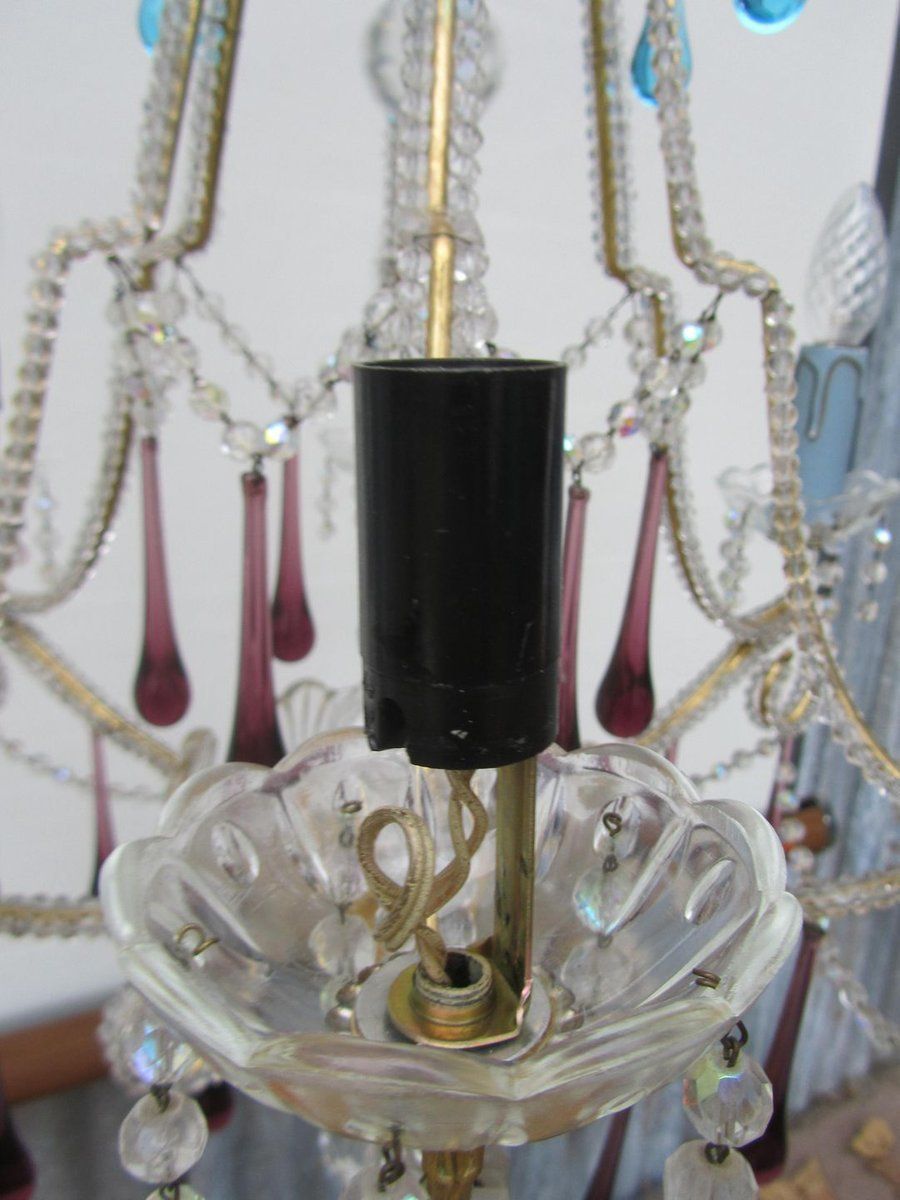 Lighting Vintage Italian Crystal Beaded 6 Light Chandelier With Purple & Azure Drops photo