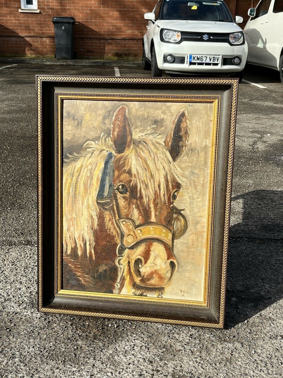 Horse Oil Painting, Signed P Wolf photo furniture
