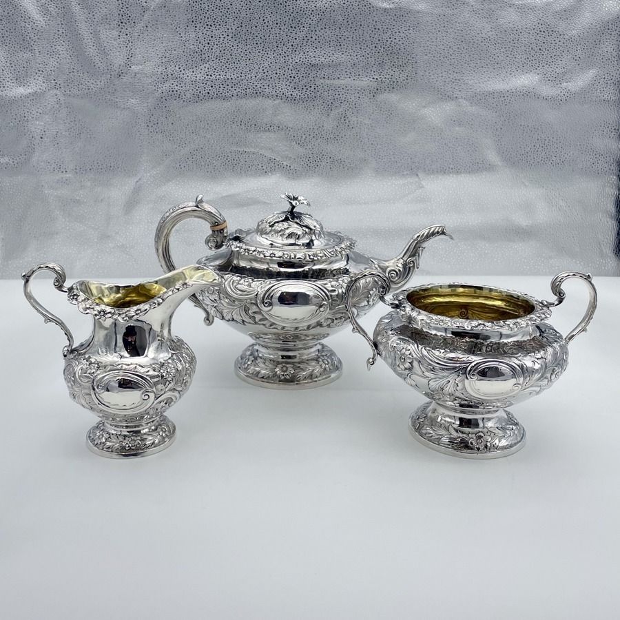 William IV Sterling Silver Three Piece Tea Set London 1834 John Wakefield