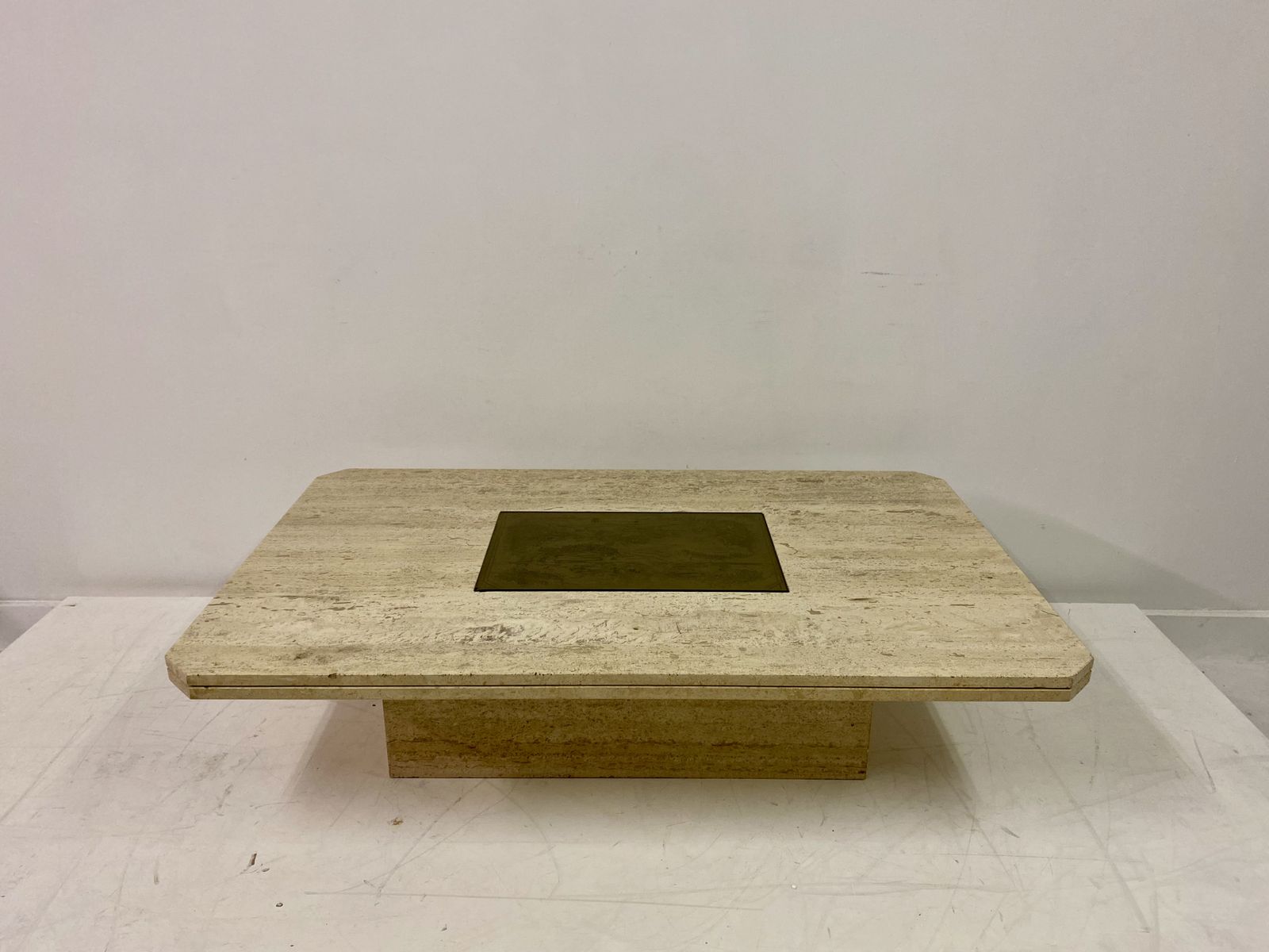 1970s Travertine And Brass Coffee Table photo furniture