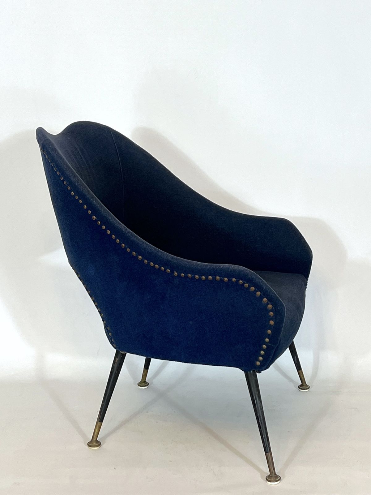 Vintage Italian Blue Fabric And Brass Armchair From 50s photo for sale